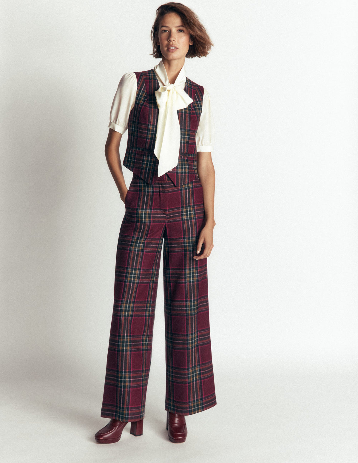 Belgravia Wool Blend Pants-Maroon And Olive Check-1