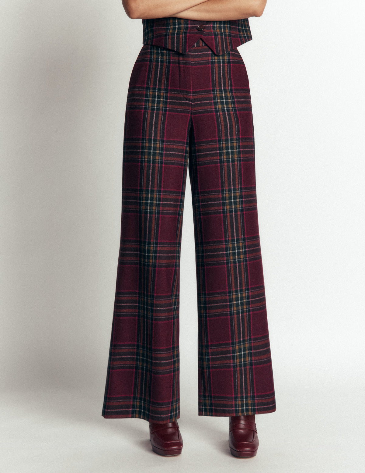 Belgravia Wool Blend Pants-Maroon And Olive Check-4