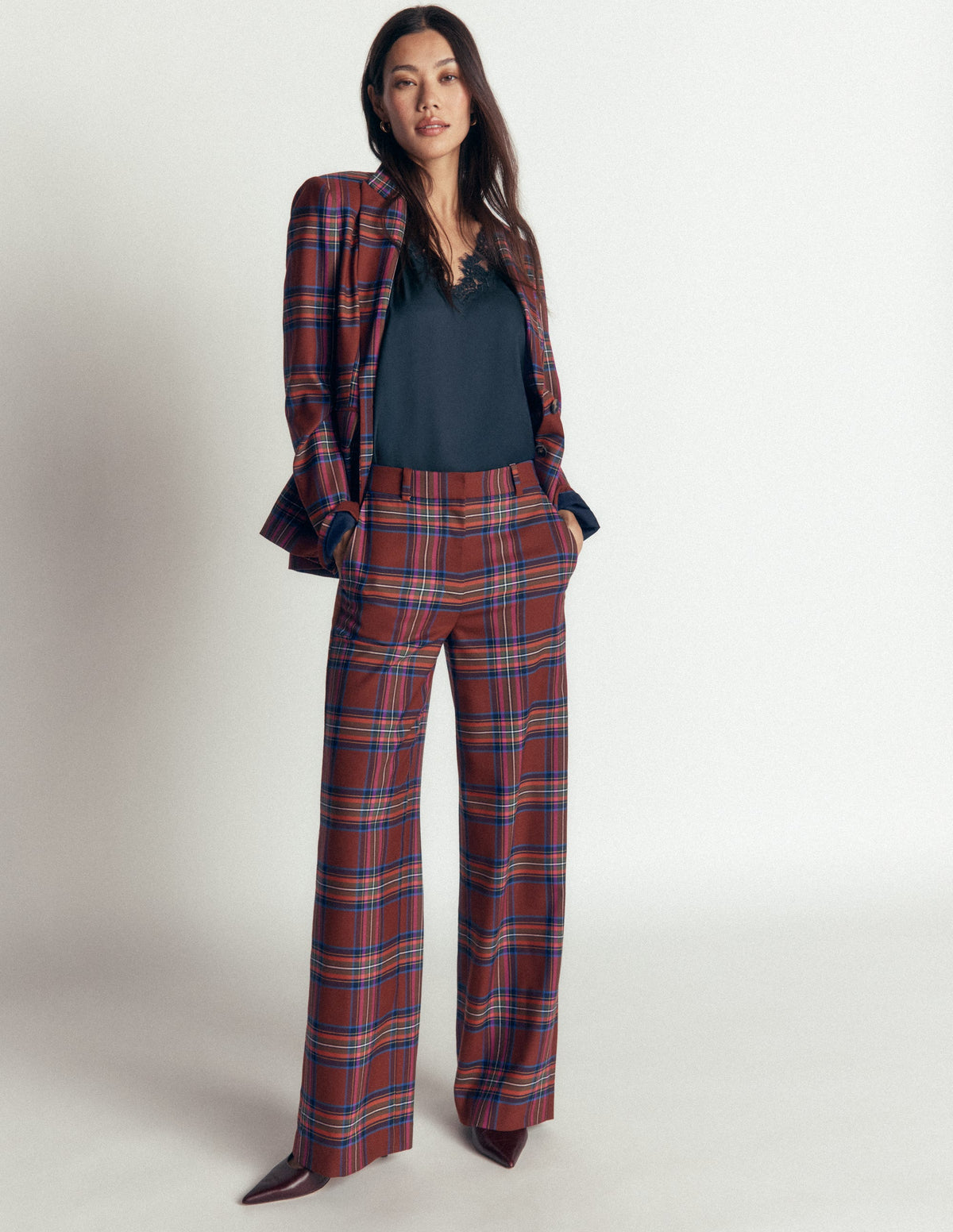 Belgravia Wool Blend Pants-Brown, Blue, and Pink Check - Image 1