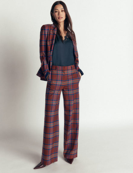 Belgravia Wool Blend Pants-Brown, Blue, and Pink Check