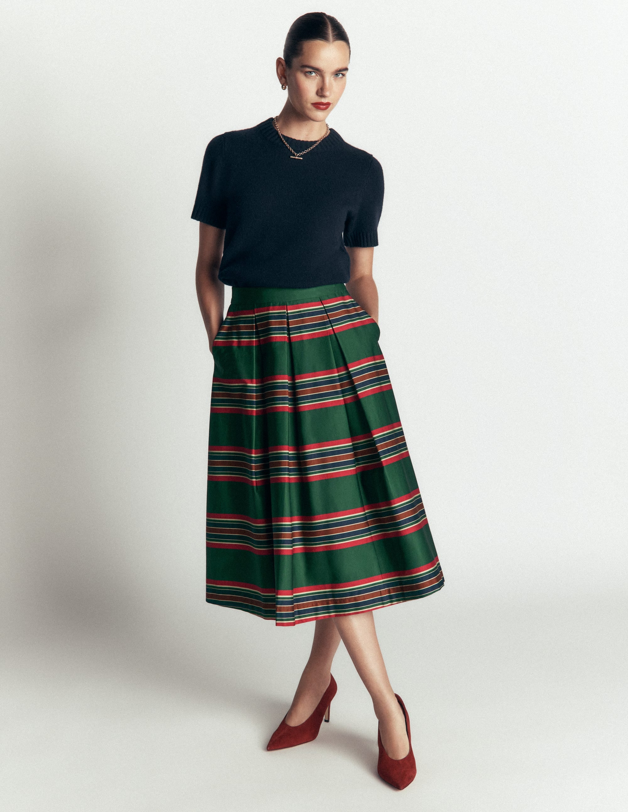 Verity  Cotton Sateen Skirt-Green, Collegic Stripe - Image 1
