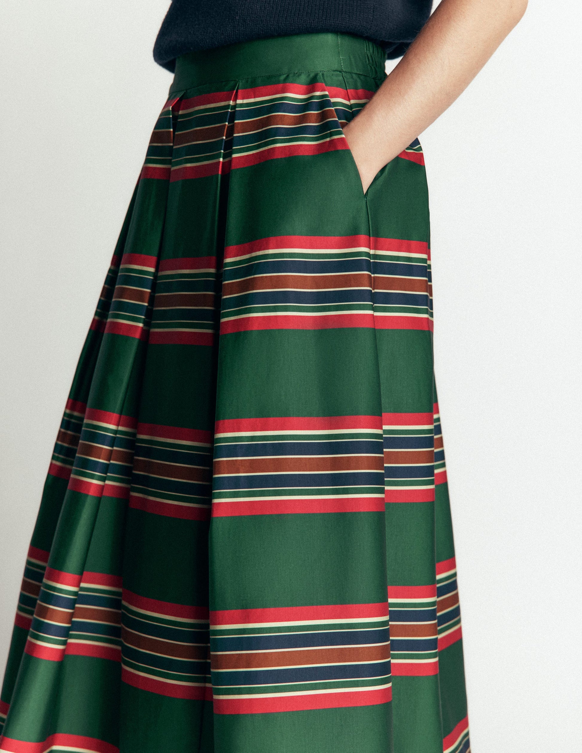 Verity  Cotton Sateen Skirt-Green, Collegic Stripe-2