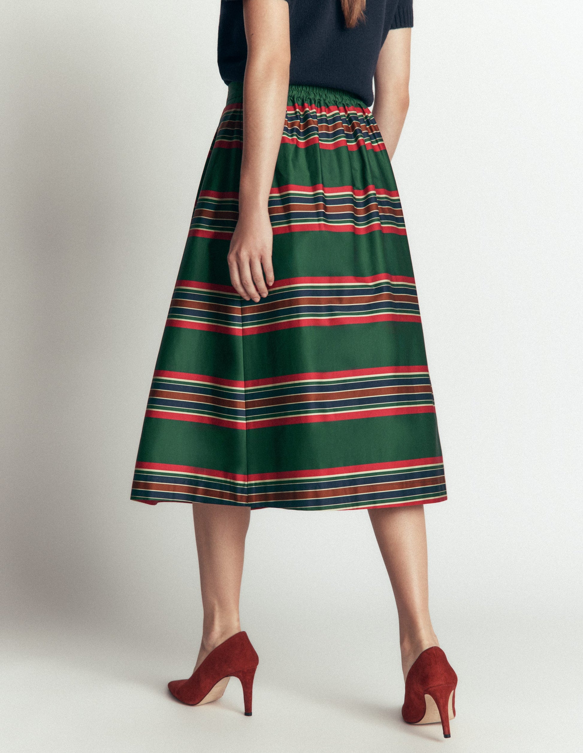 Verity  Cotton Sateen Skirt-Green, Collegic Stripe-3