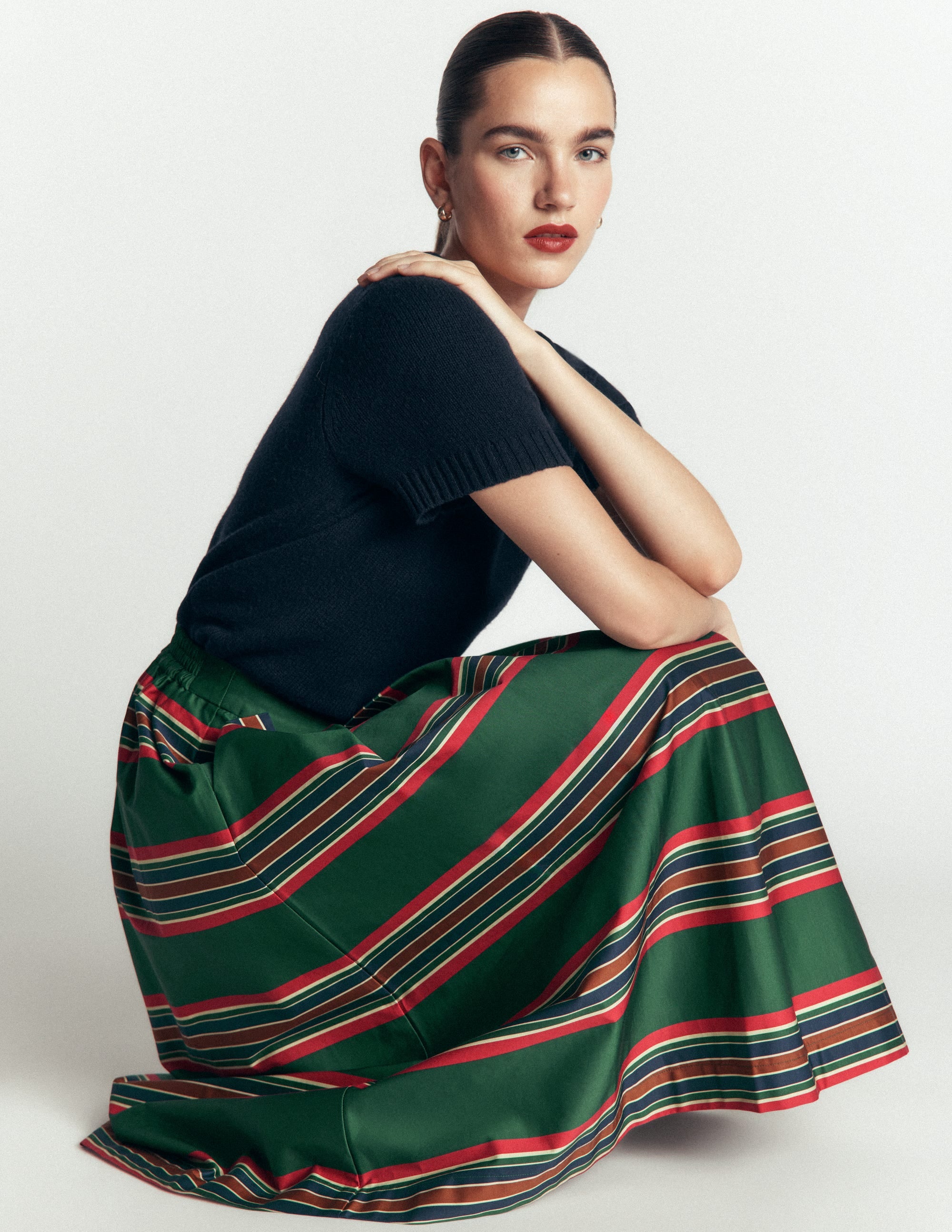 Verity  Cotton Sateen Skirt-Green, Collegic Stripe - Image 5
