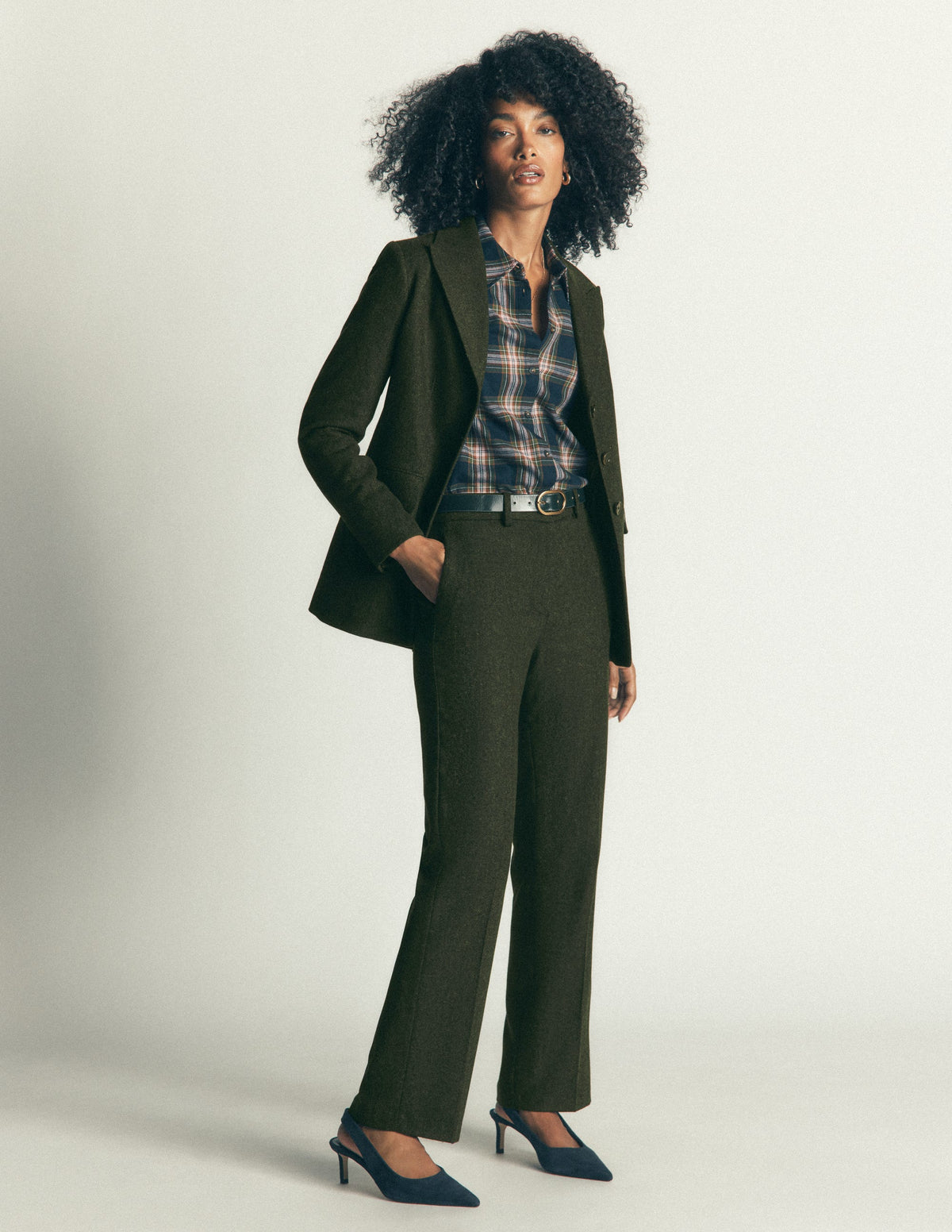 Canonbury Wool Blend Pants-Dark Green Herringbone-1