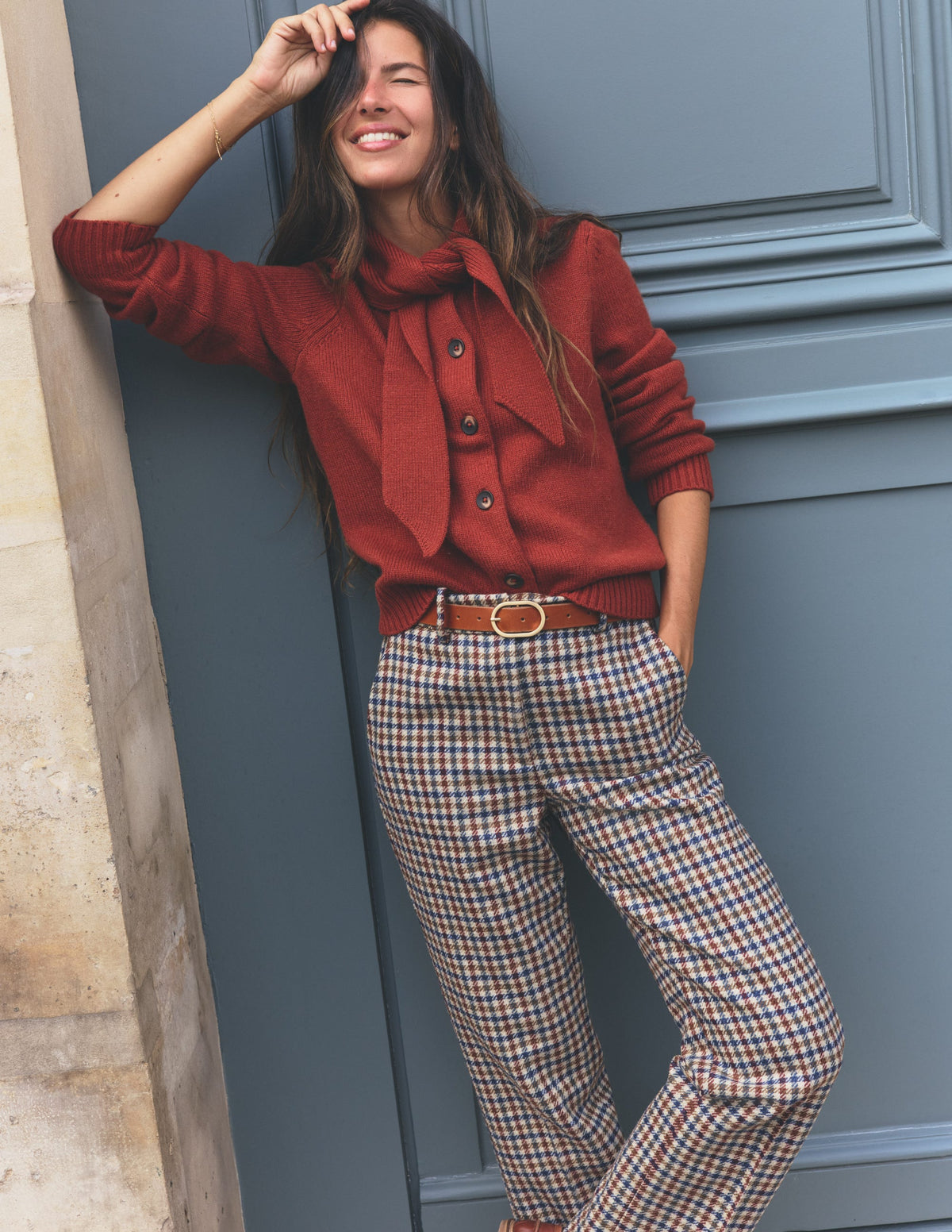 Canonbury Wool Blend Pants-Ivory, Blue and Maroon Check - Image 1