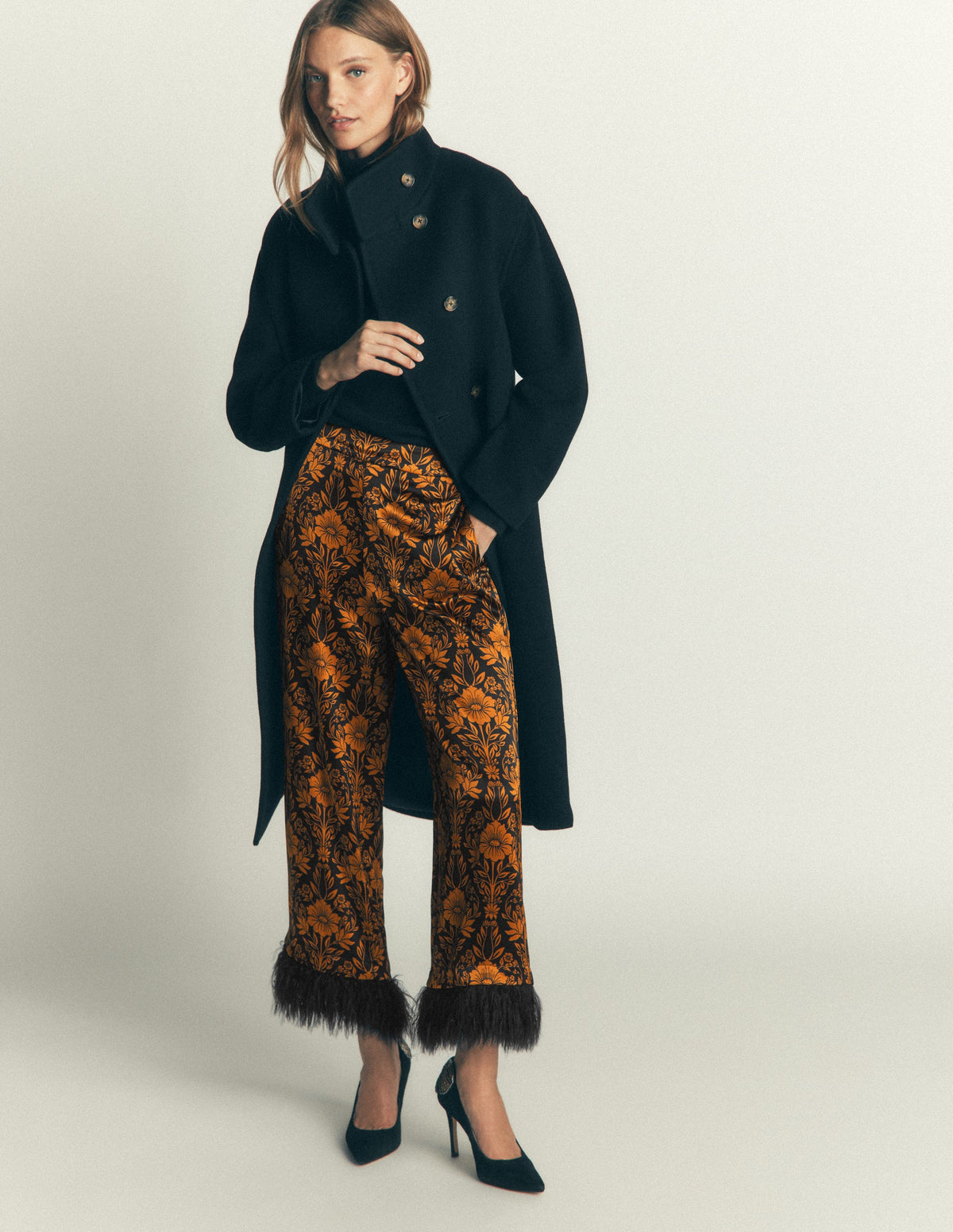 Feather Trim Pants-Flourishing Sprig-2