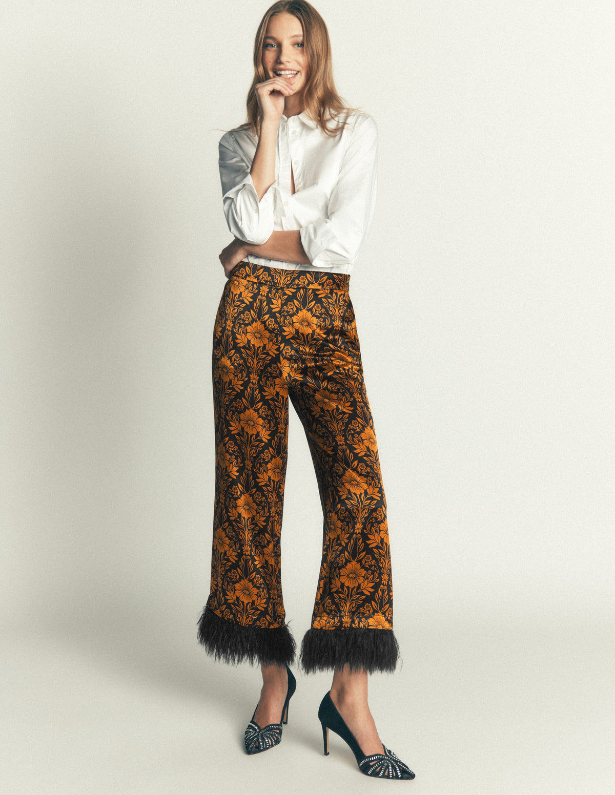 Feather Trim Pants-Flourishing Sprig-6