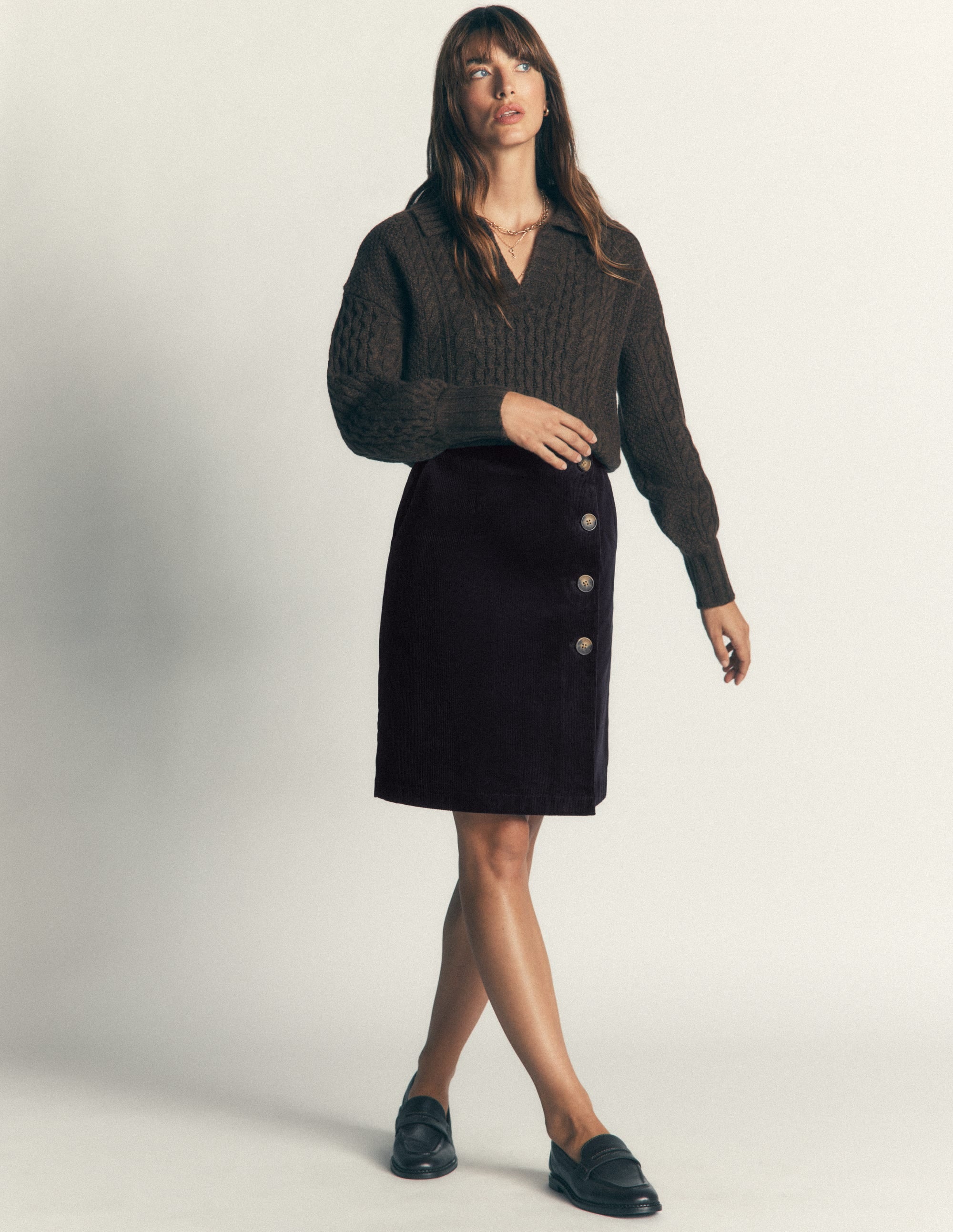 Evelyn Button Cord Wrap Skirt-Navy - Image 1