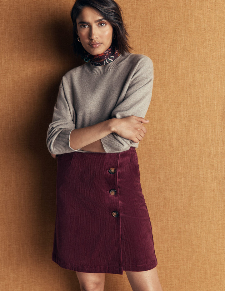 Evelyn Button Cord Wrap Skirt-Dark Crimson