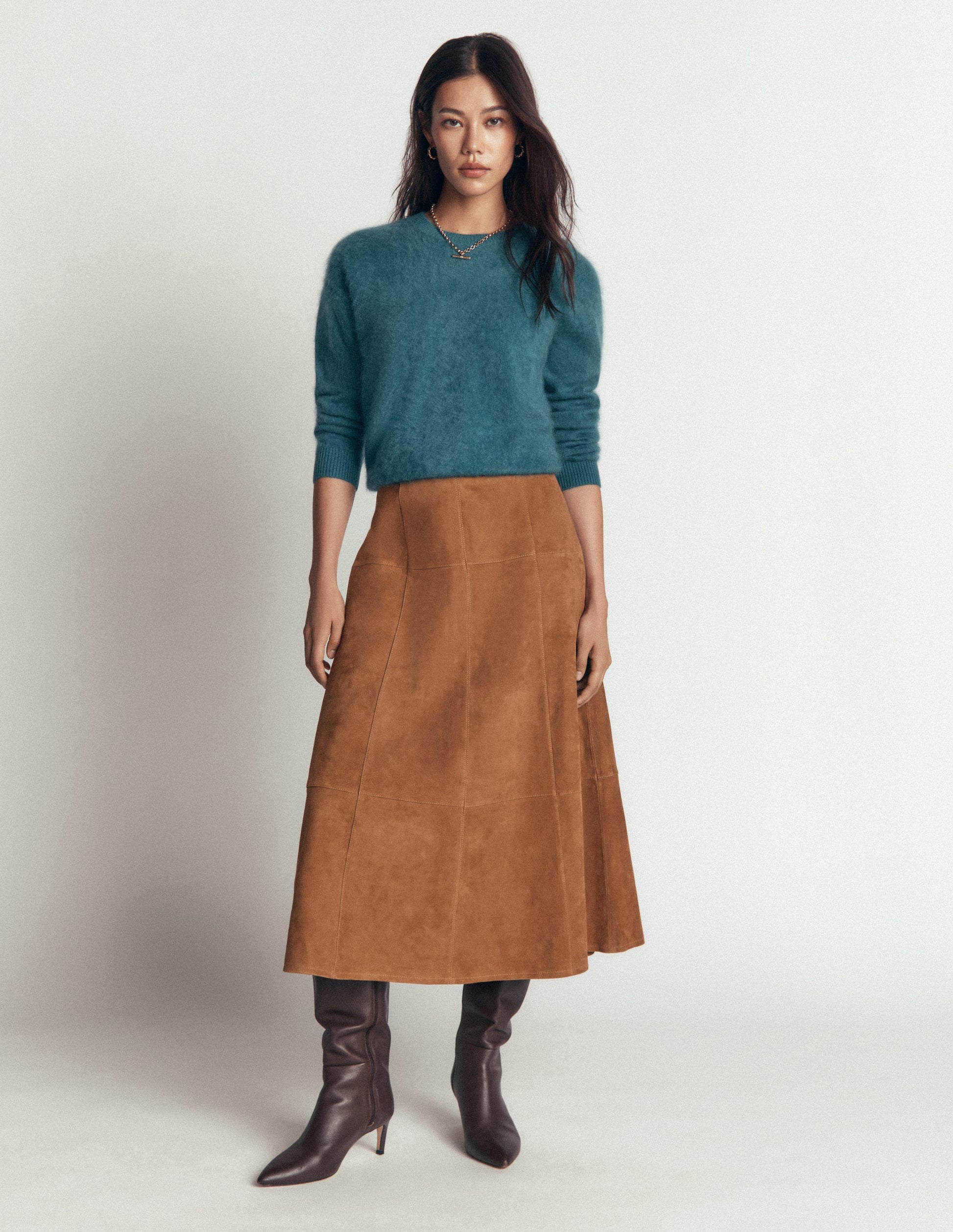 Suede Panelled Midi Skirt-Tan-5