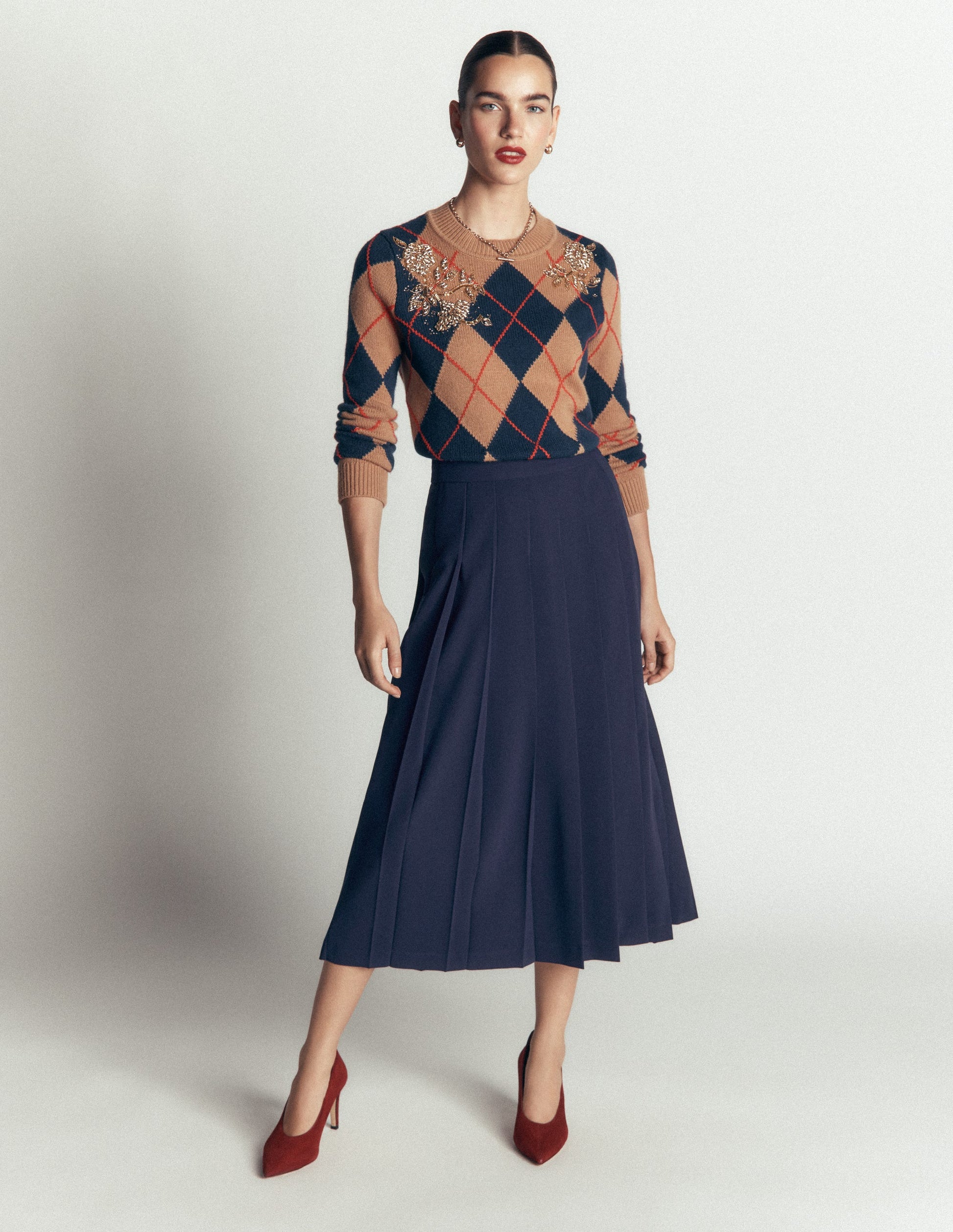 Pleat Side Split Midi Skirt-Navy-1
