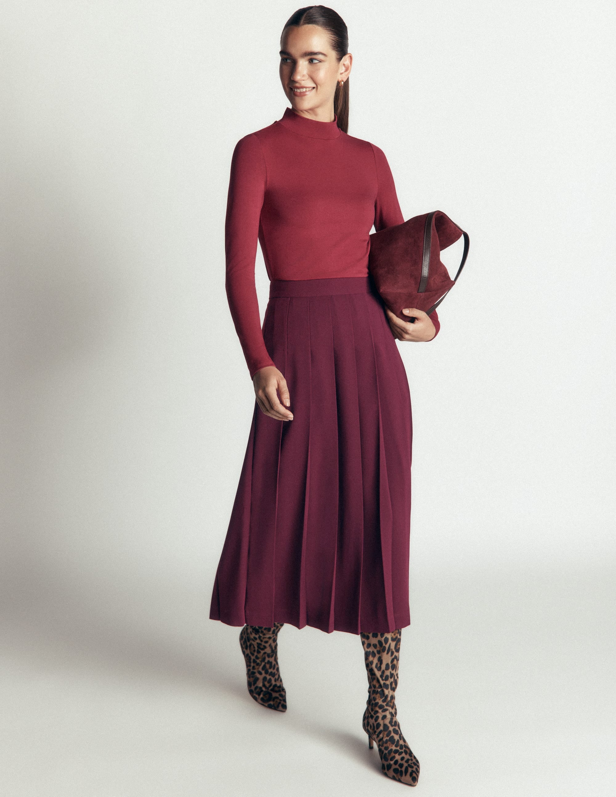 Pleat Side Split Midi Skirt-Dark Cherry - Image 1