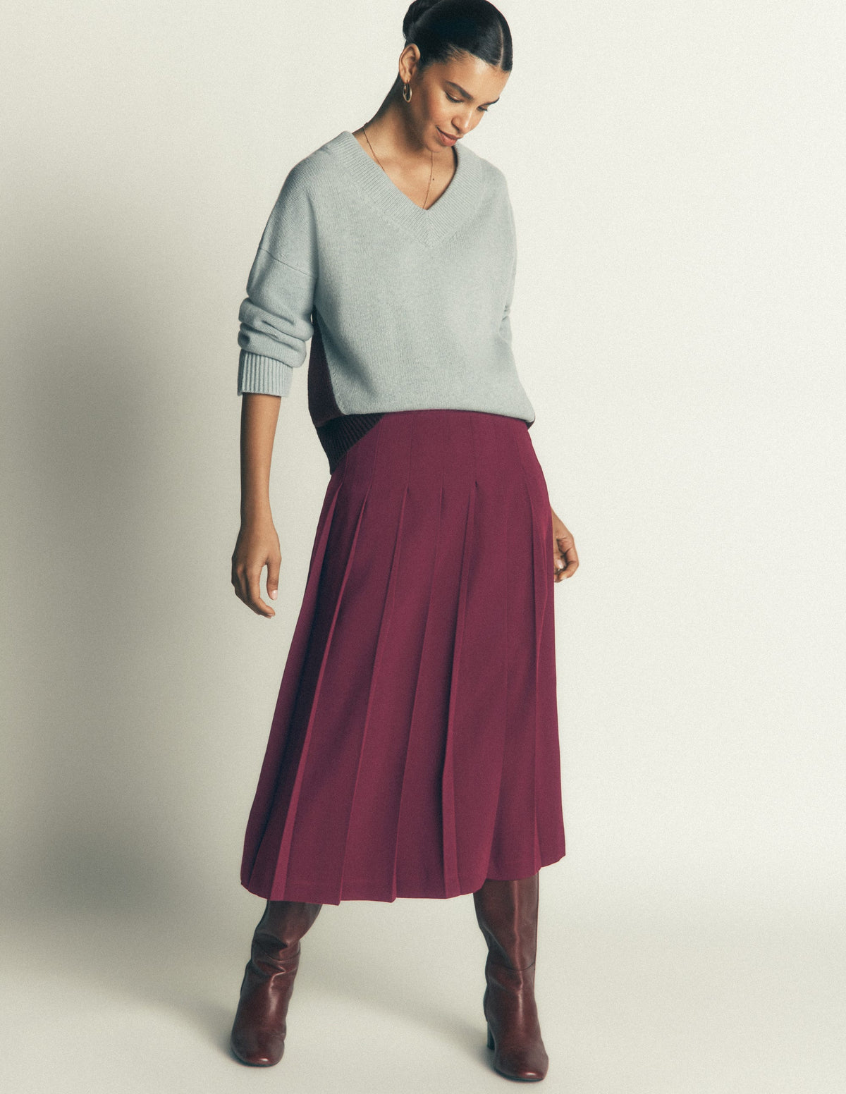 Pleat Side Split Midi Skirt-Dark Cherry-1