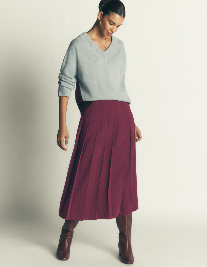 Pleat Side Split Midi Skirt-Dark Cherry