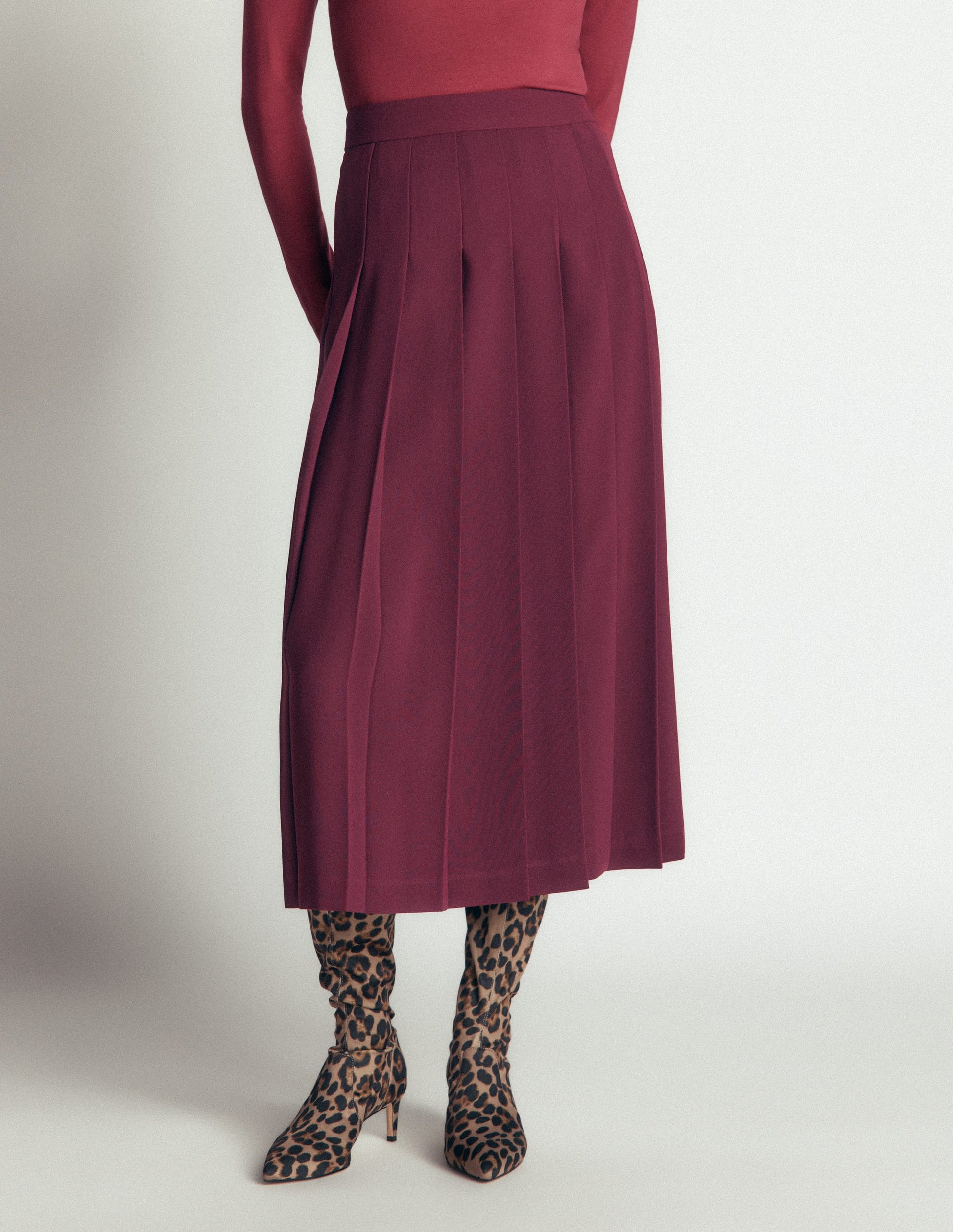 Pleat Side Split Midi Skirt-Dark Cherry-2