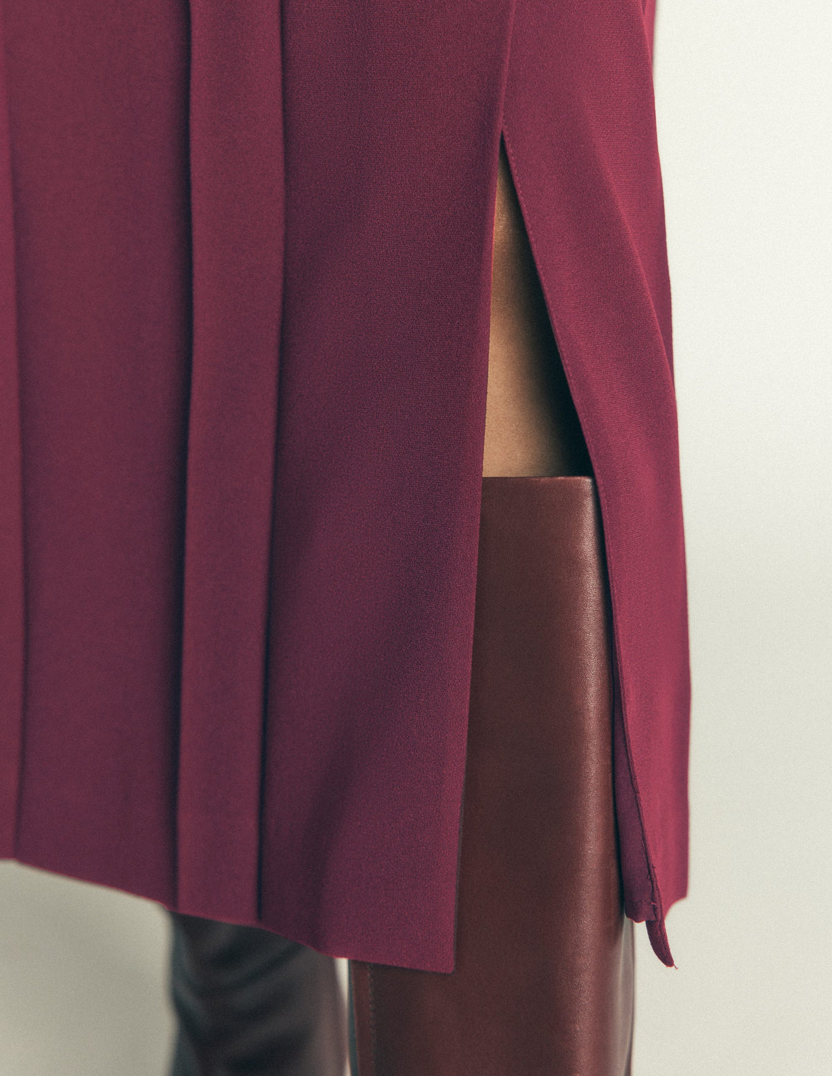 Pleat Side Split Midi Skirt-Dark Cherry - Image 2