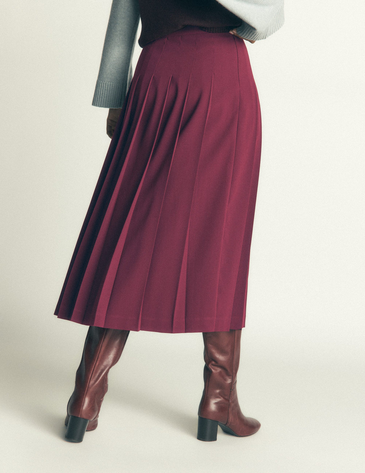 Pleat Side Split Midi Skirt-Dark Cherry-3