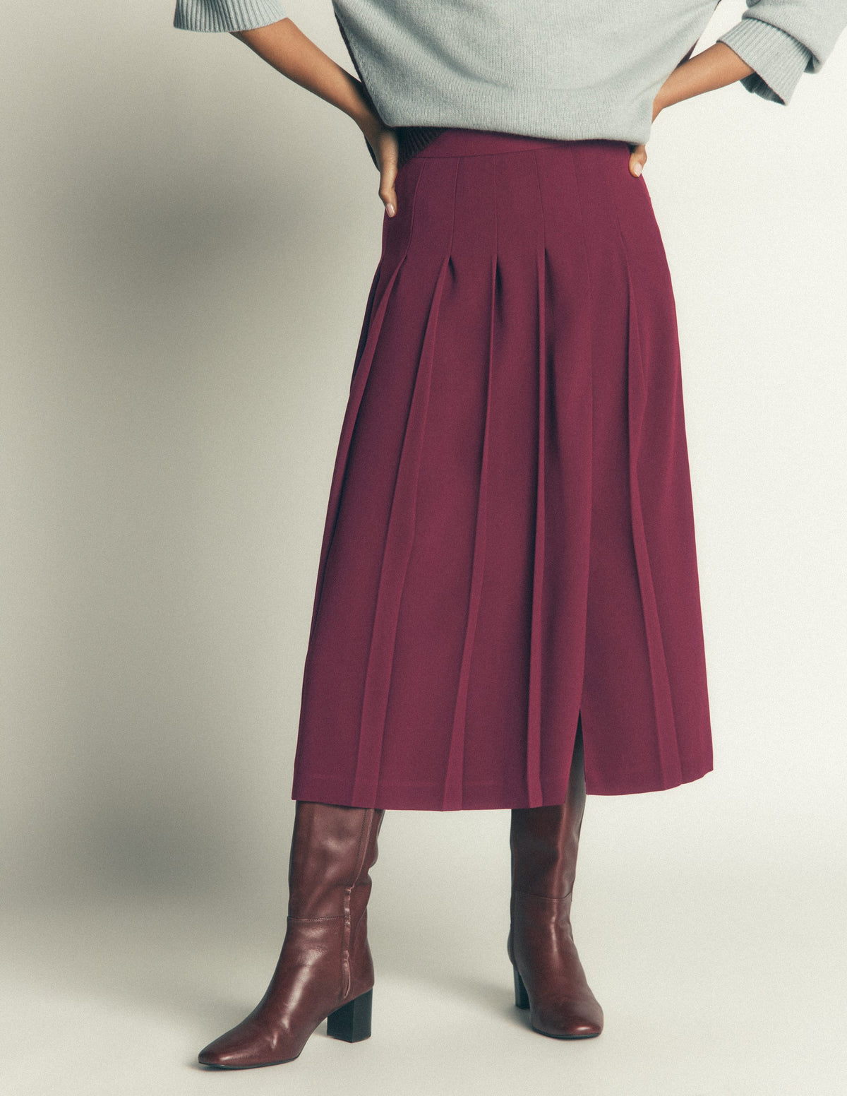 Pleat Side Split Midi Skirt-Dark Cherry-4
