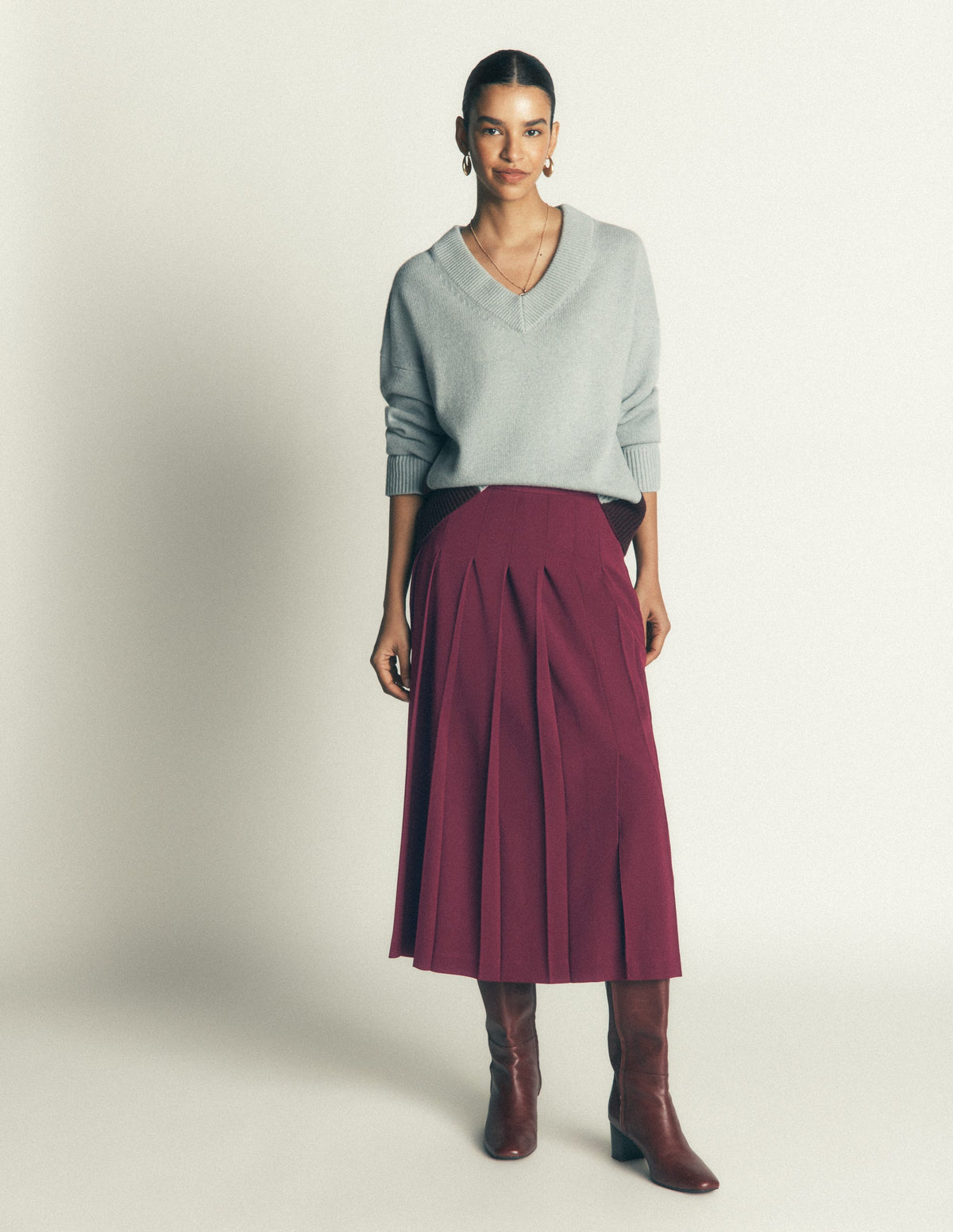 Pleat Side Split Midi Skirt-Dark Cherry-5