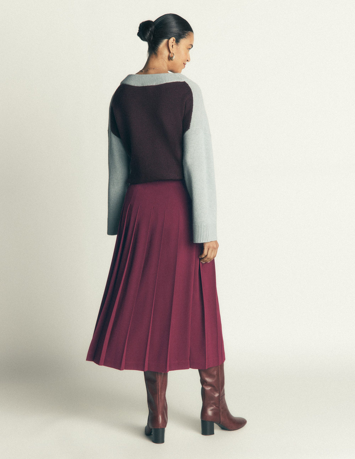 Pleat Side Split Midi Skirt-Dark Cherry - Image 6