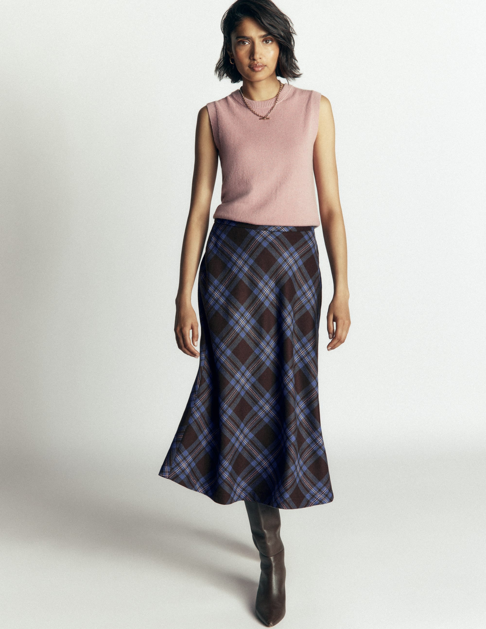 Wool Blend Slip Skirt-Brown Check - Image 1