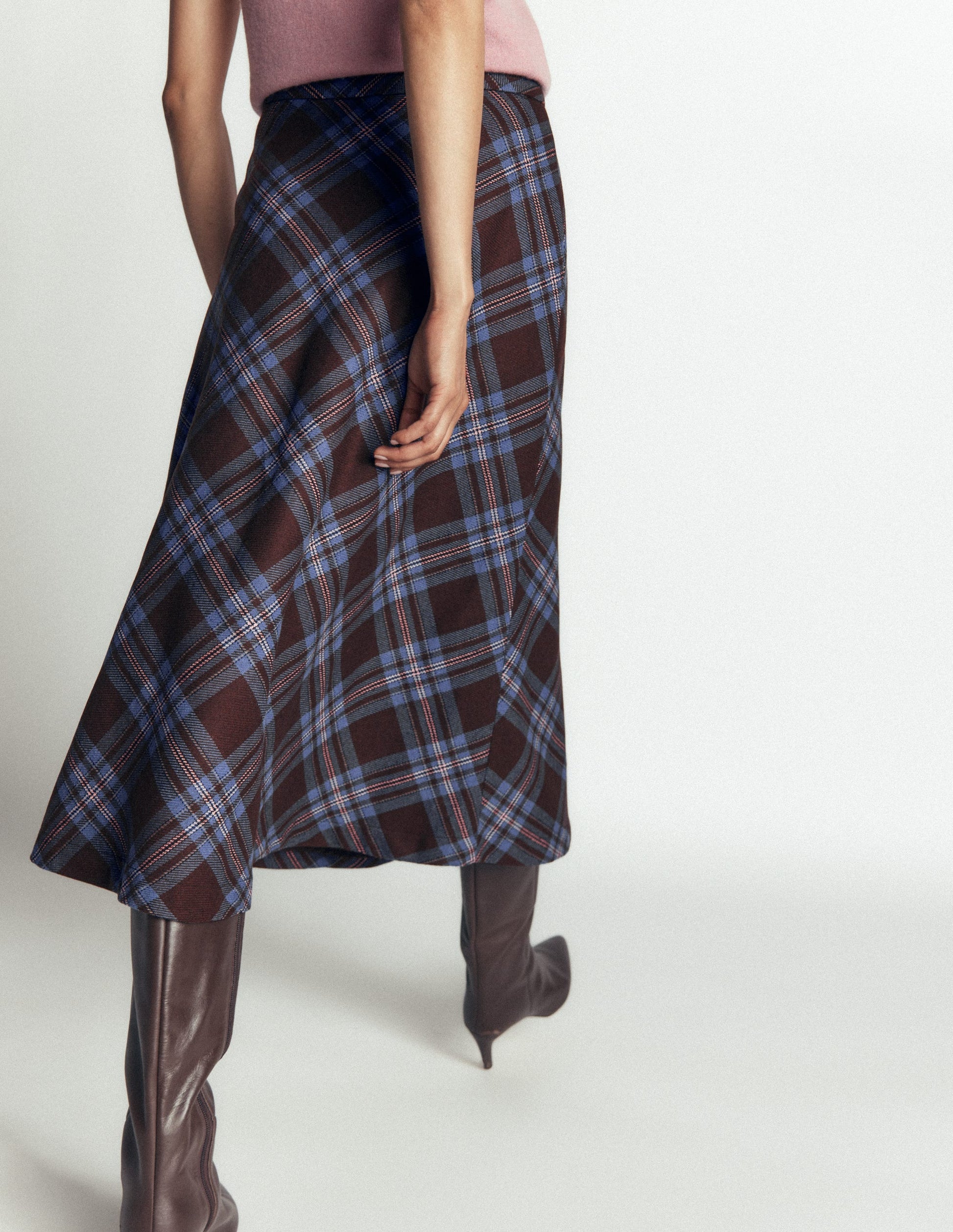 Wool Blend Slip Skirt-Brown Check-3