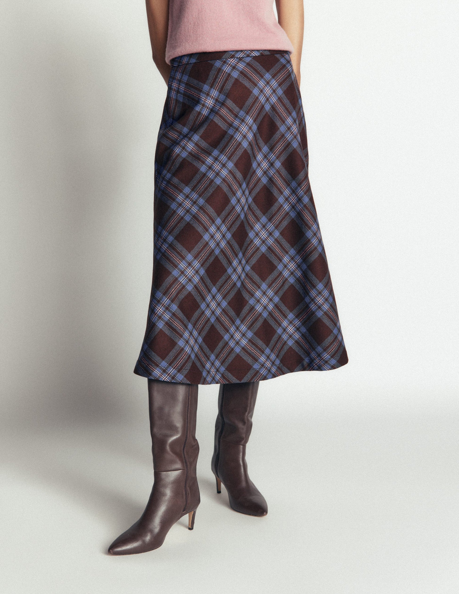 Wool Blend Slip Skirt-Brown Check-4
