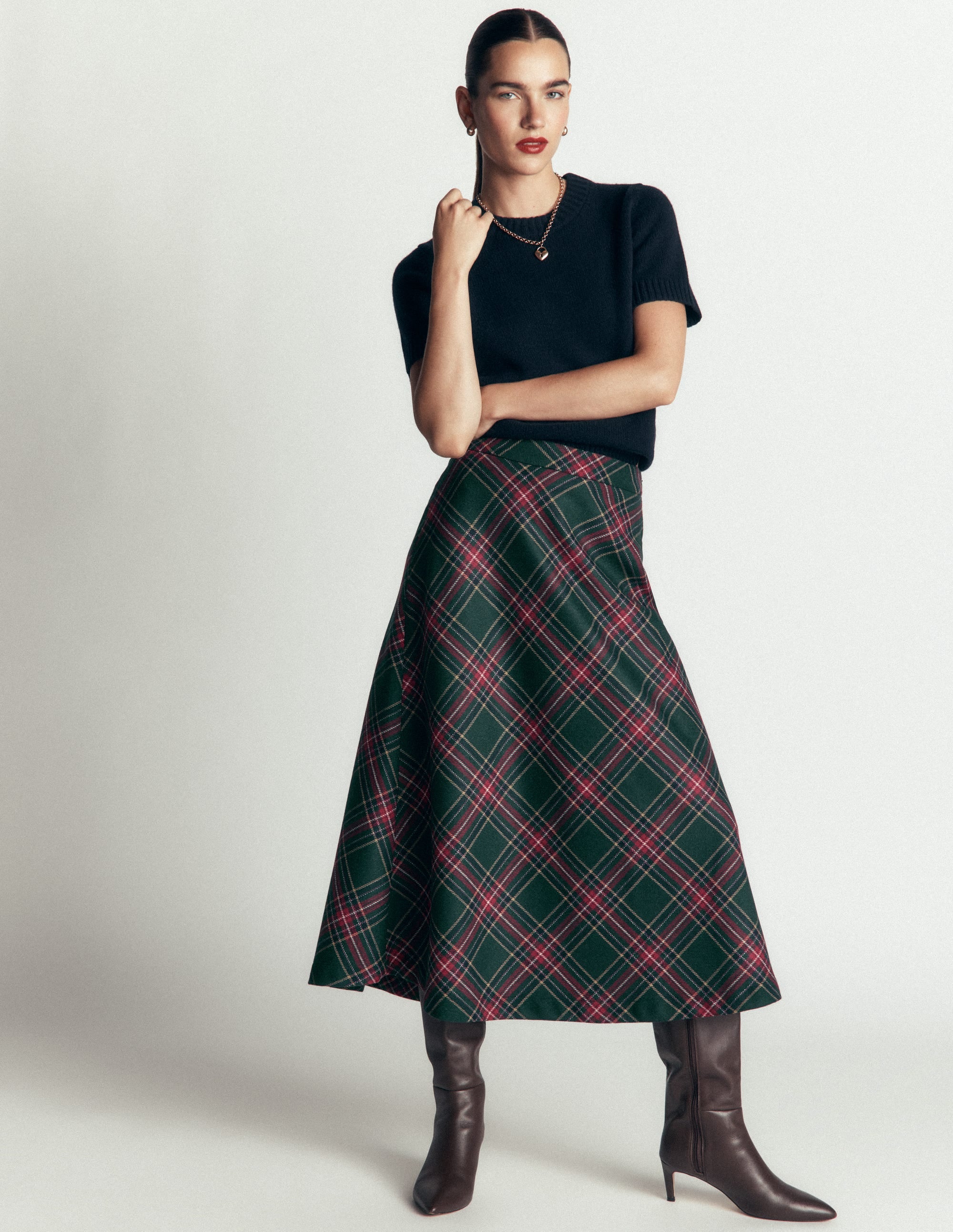 Wool Blend Slip Skirt-Green Check - Image 1