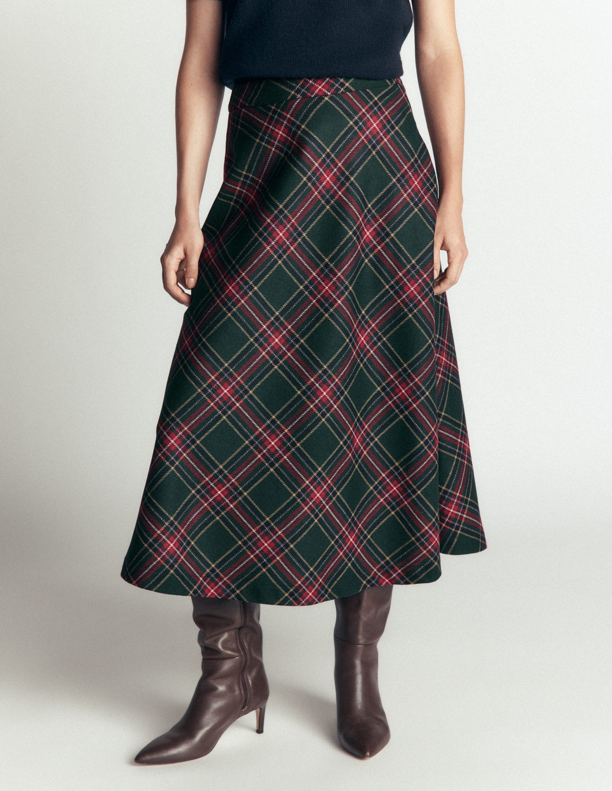 Wool Blend Slip Skirt-Green Check-4