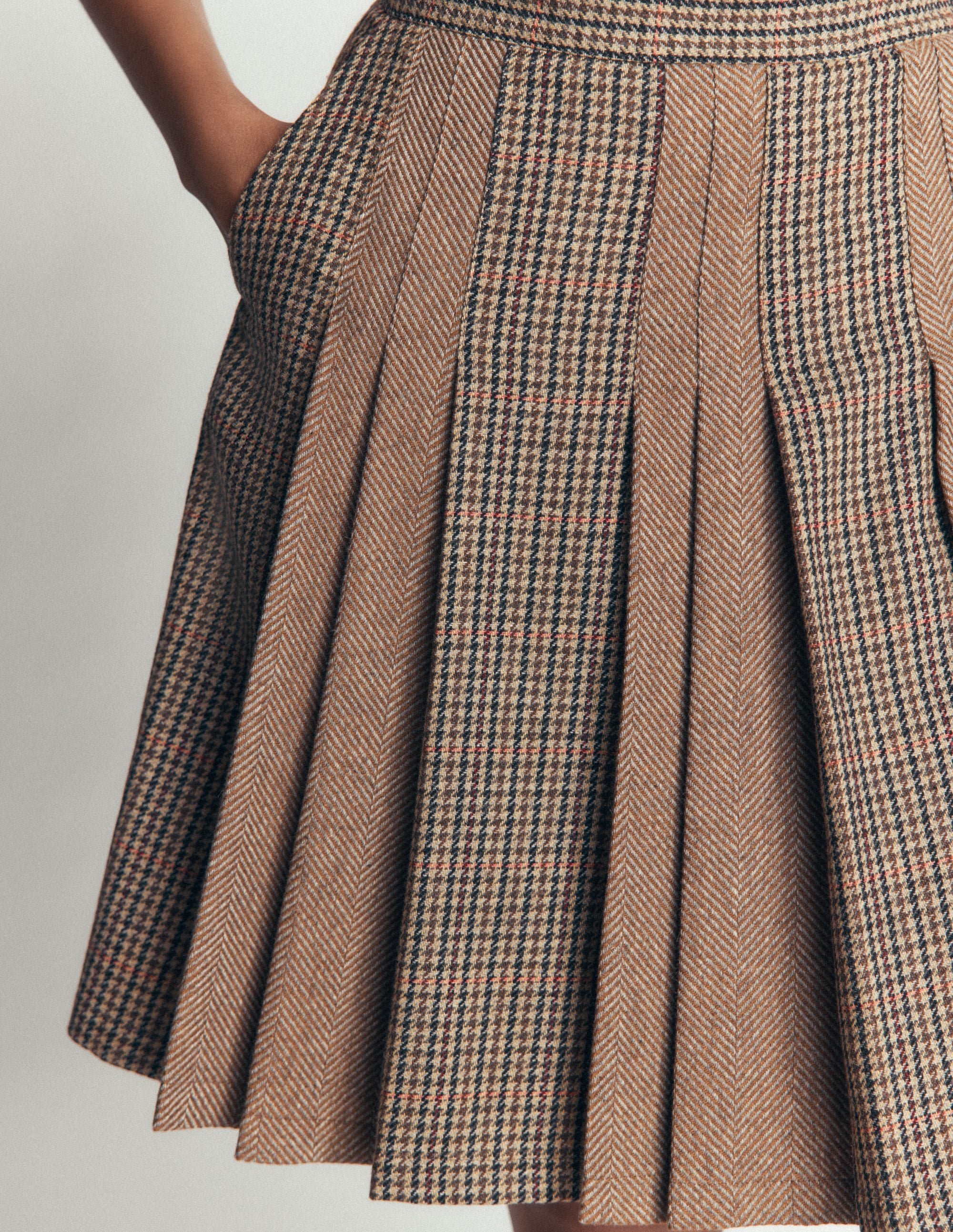 Multi Panel Wool Blend Skirt-Brown Hotch Check - Image 3