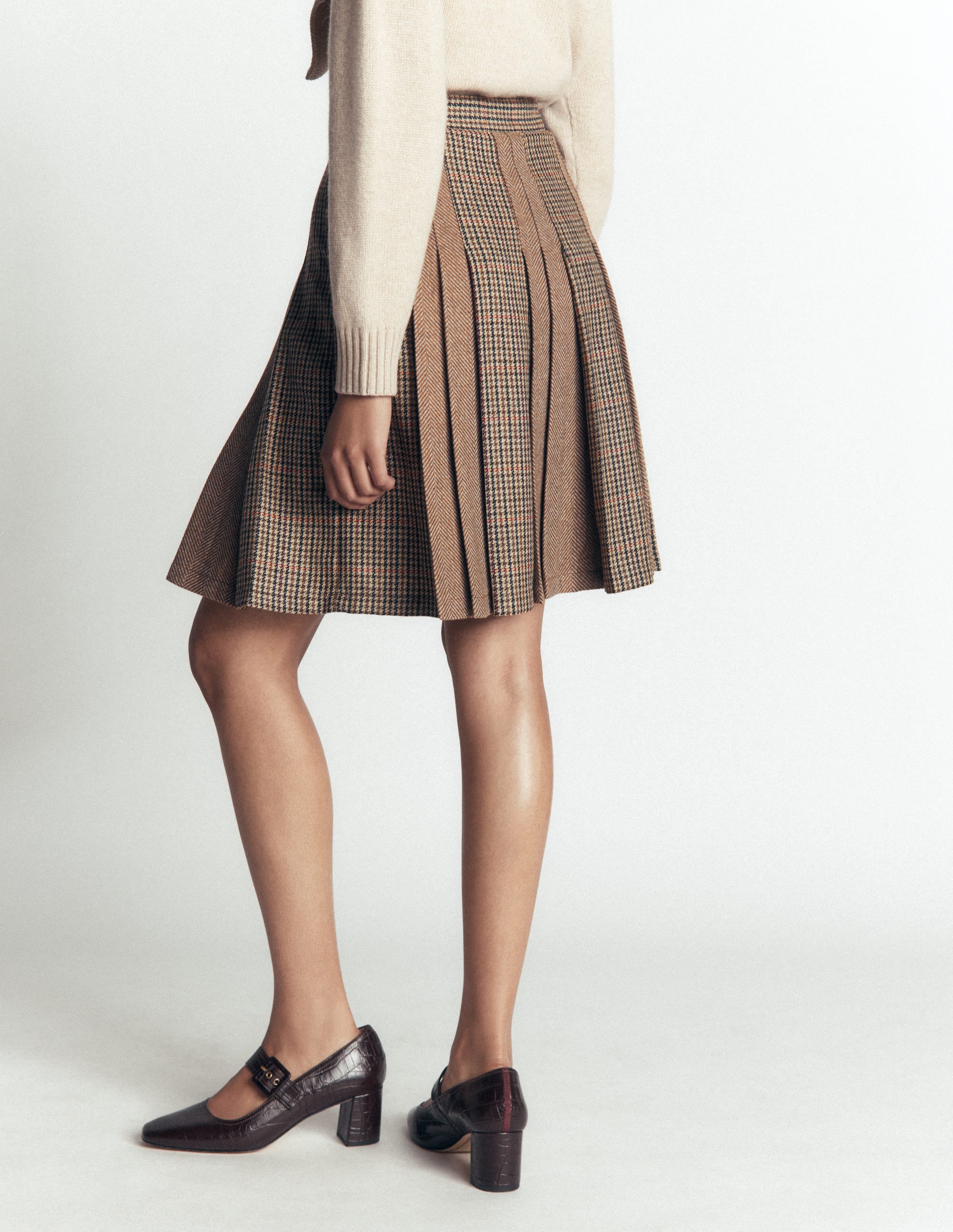 Multi Panel Wool Blend Skirt-Brown Hotch Check - Image 4