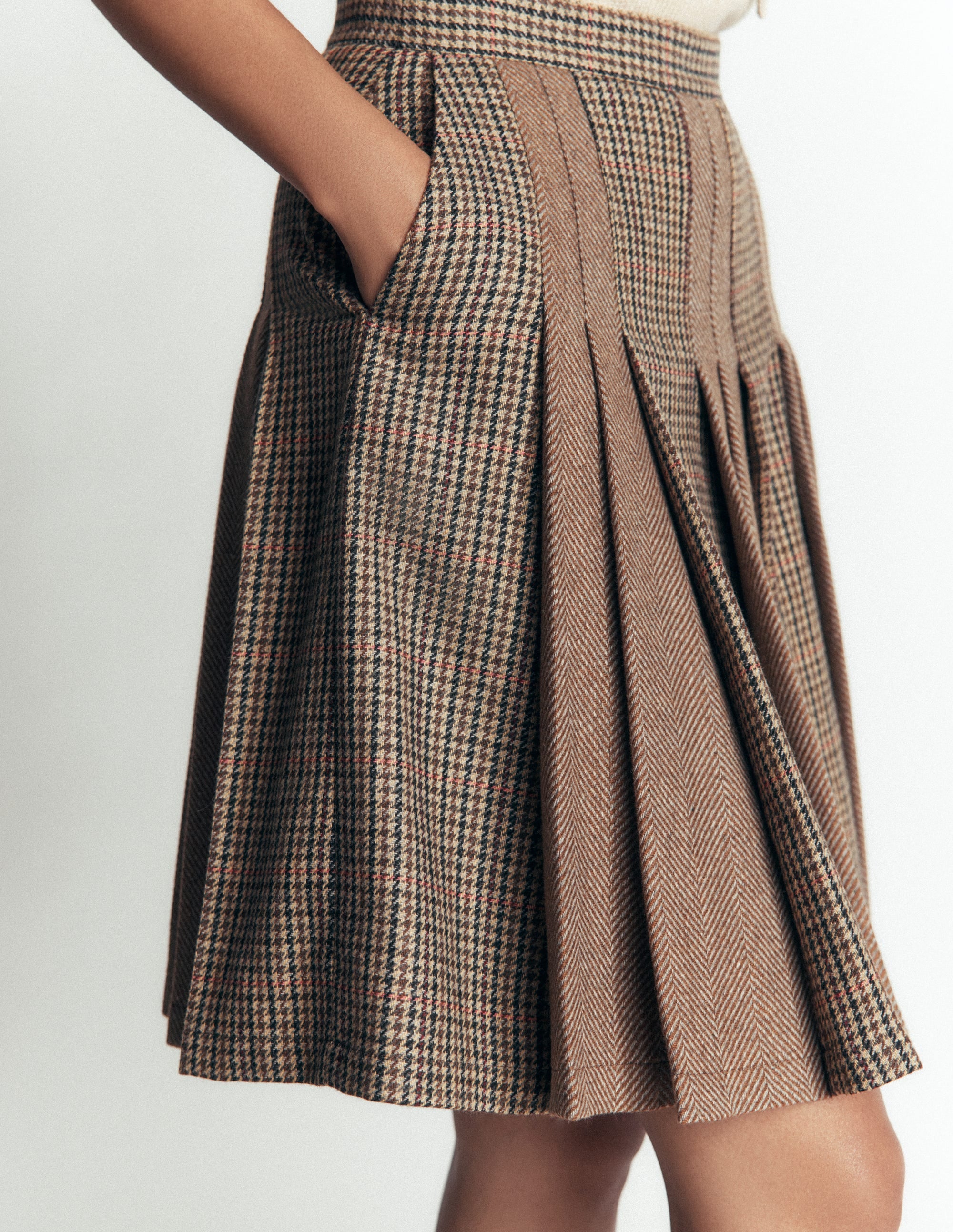 Multi Panel Wool Blend Skirt-Brown Hotch Check - Image 6