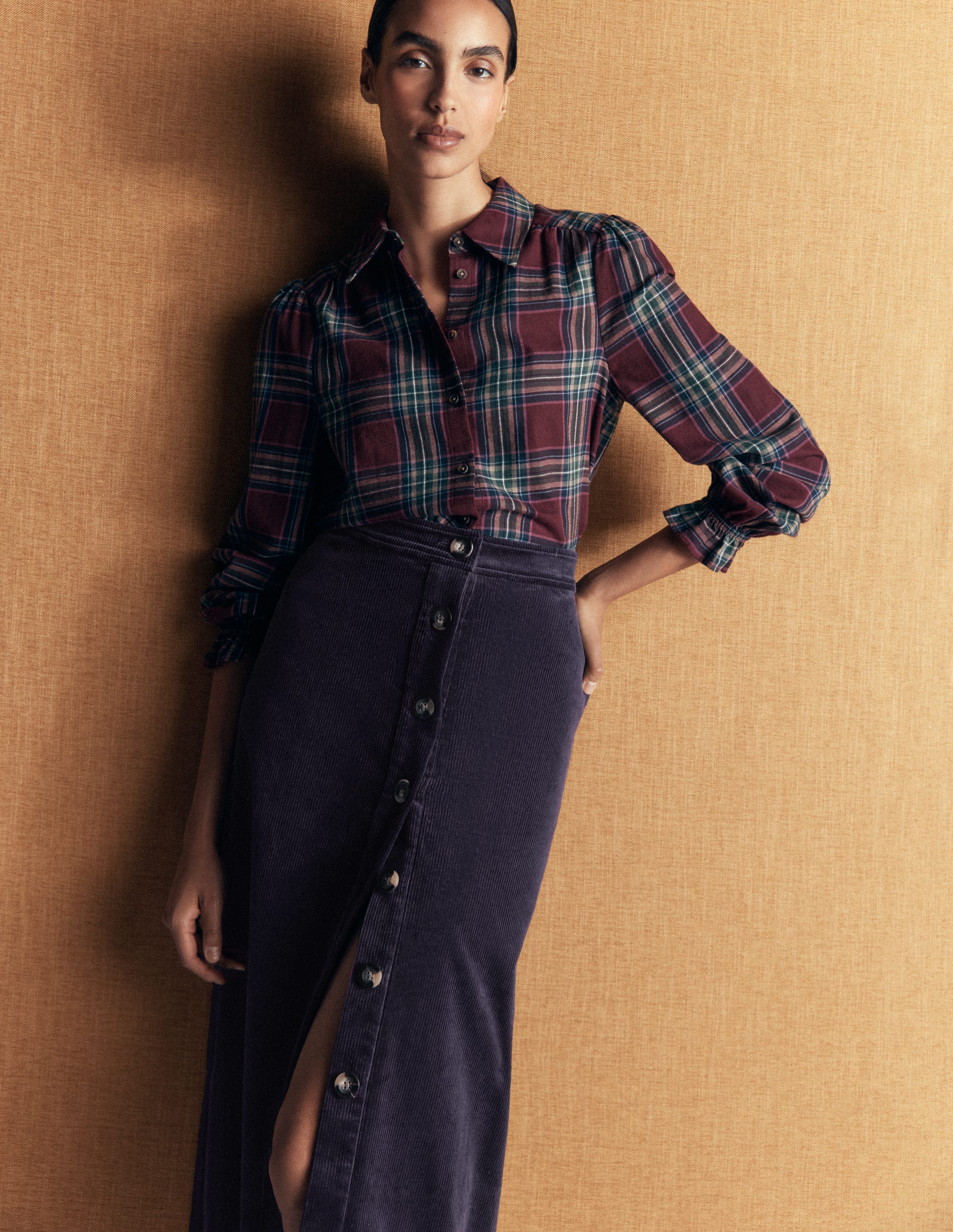 Val Button Cord Midi Skirt-Navy - Image 1