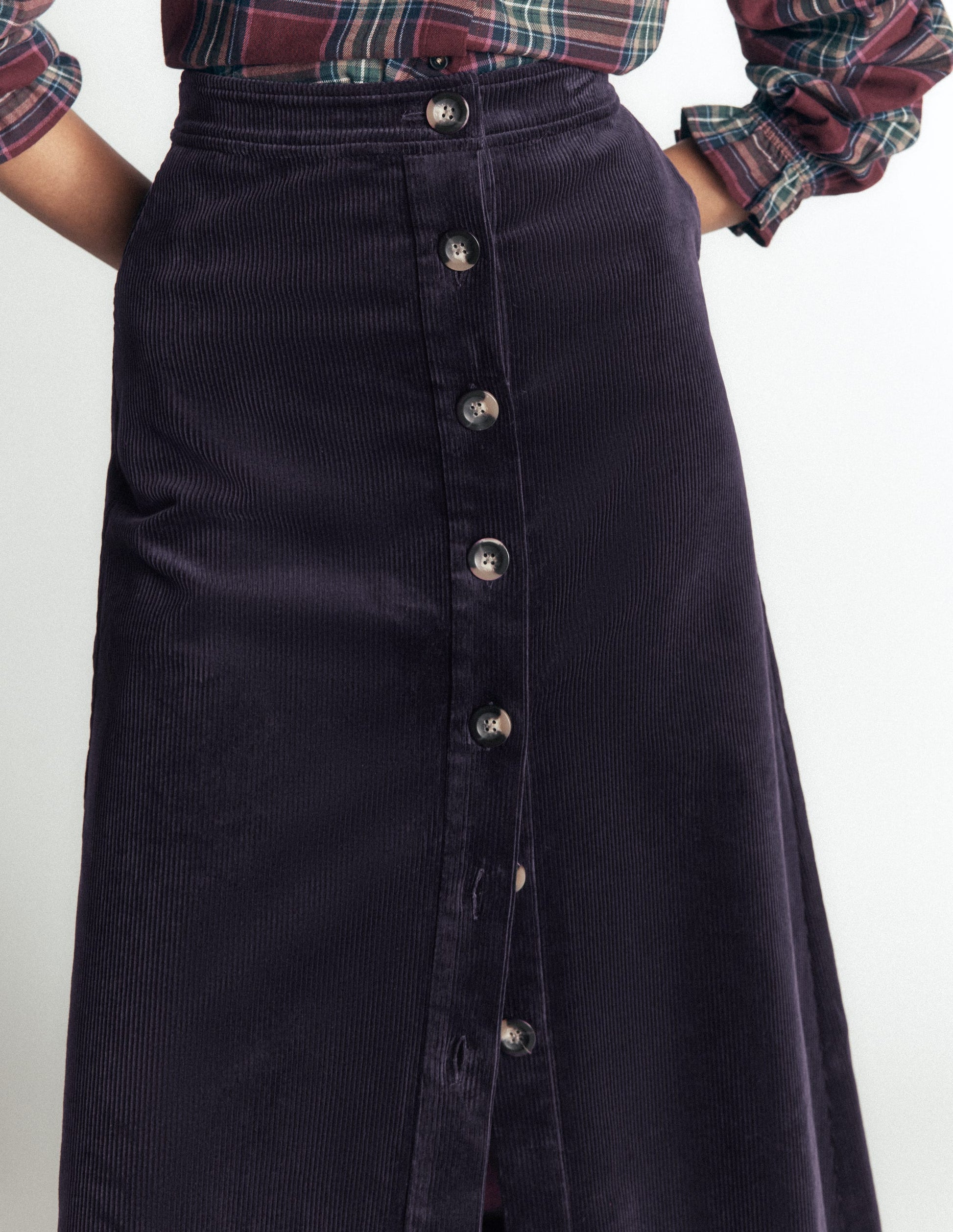 Val Button Cord Midi Skirt-Navy-2