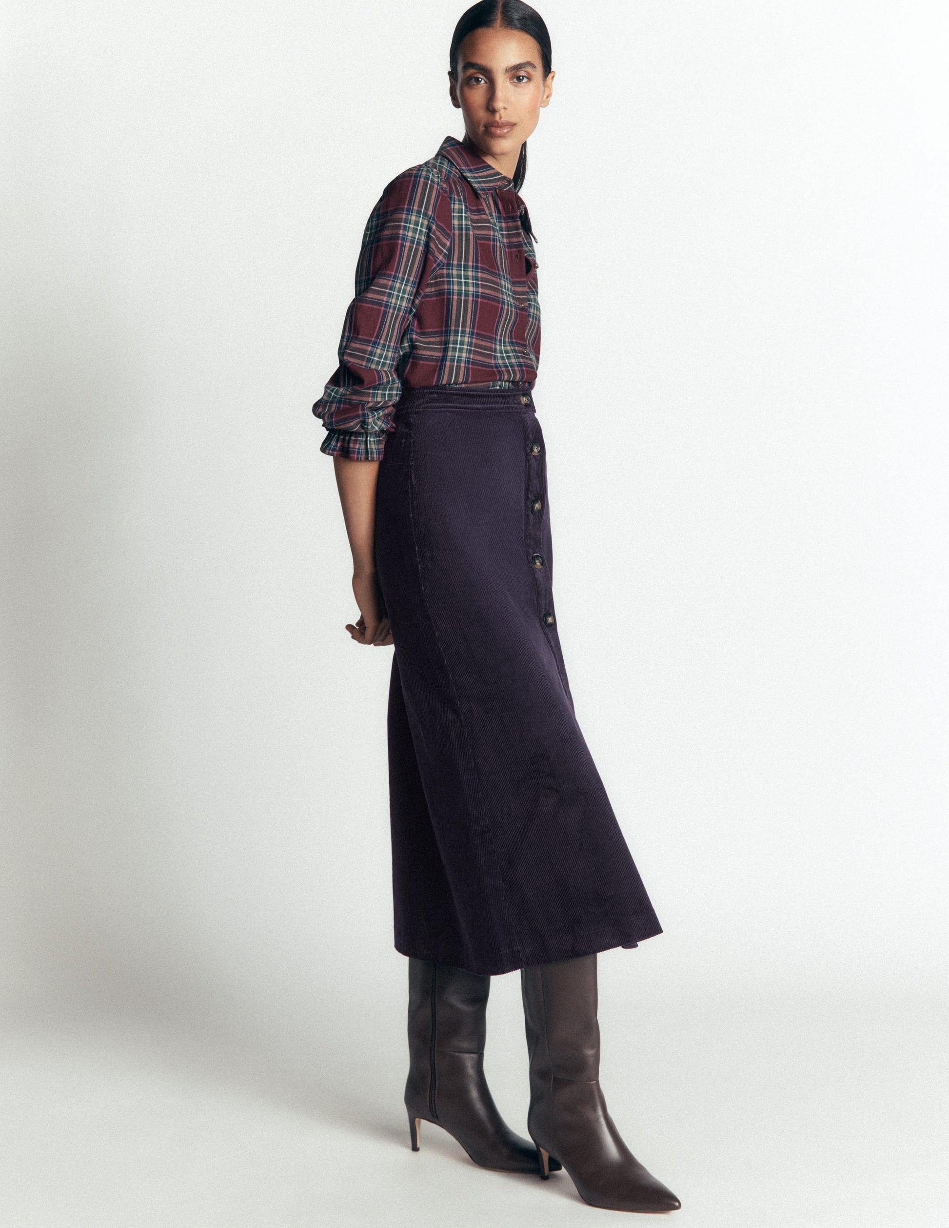 Val Button Cord Midi Skirt-Navy-4