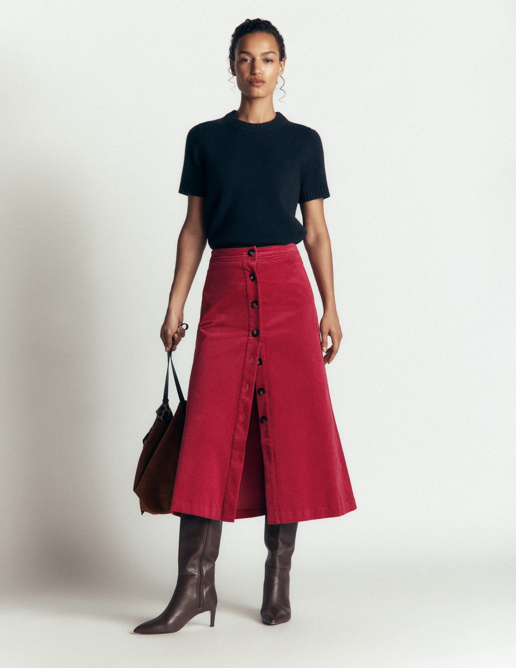 Val Button Cord Midi Skirt-Red Earth - Image 1