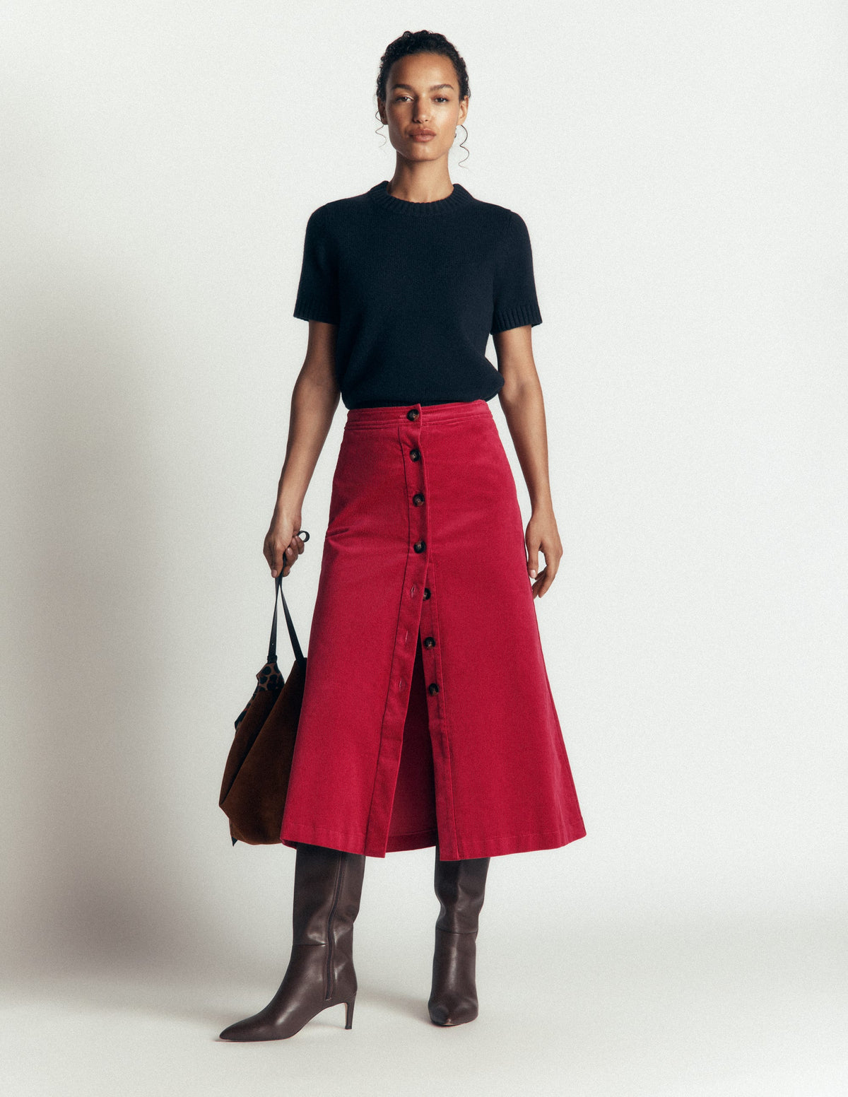 Val Button Cord Midi Skirt-Red Earth - Image 1