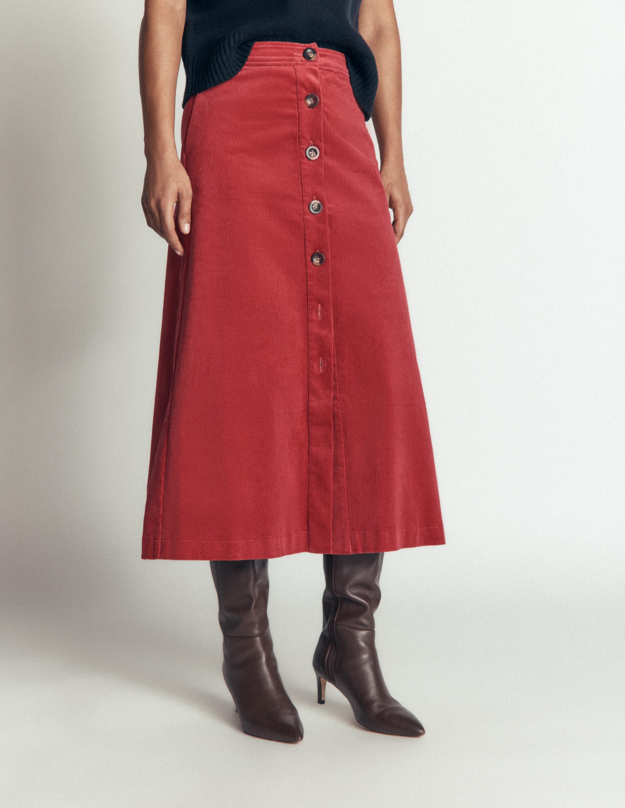 Val Button Cord Midi Skirt-Red Earth - Image 4