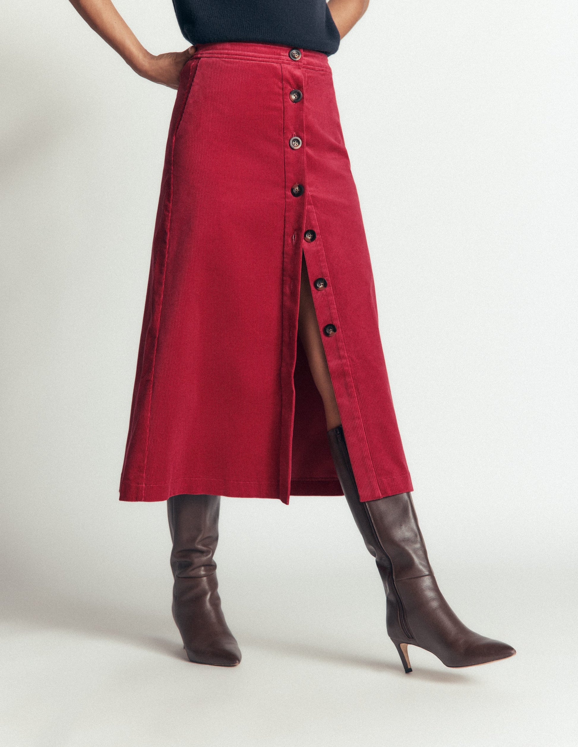 Val Button Cord Midi Skirt-Red Earth-5