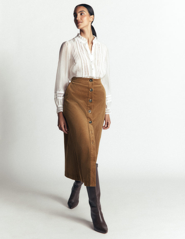 Val Button Cord Midi Skirt-Gingerbread