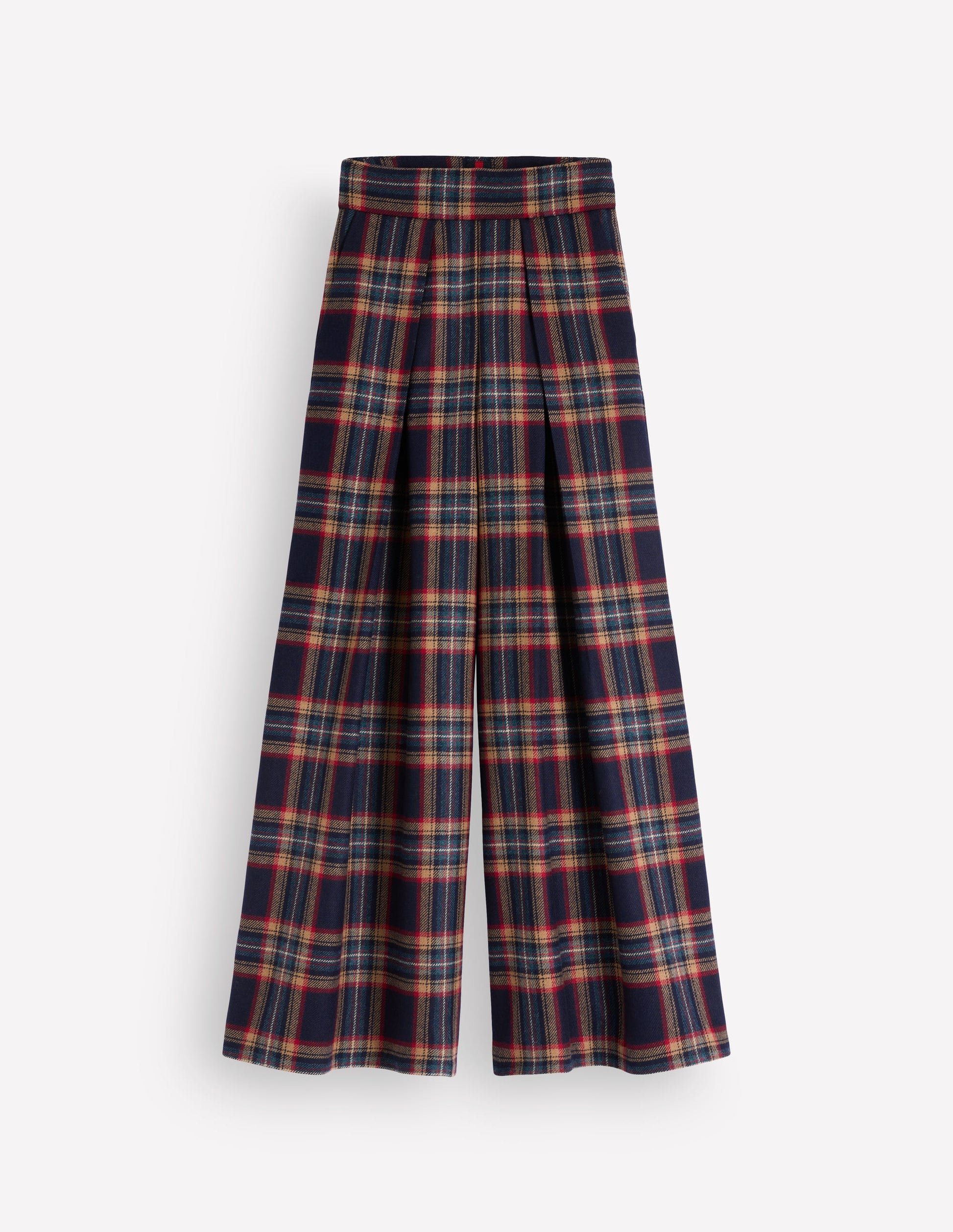 Wool Blend Pleated Culottes-Navy, Camel Check-6
