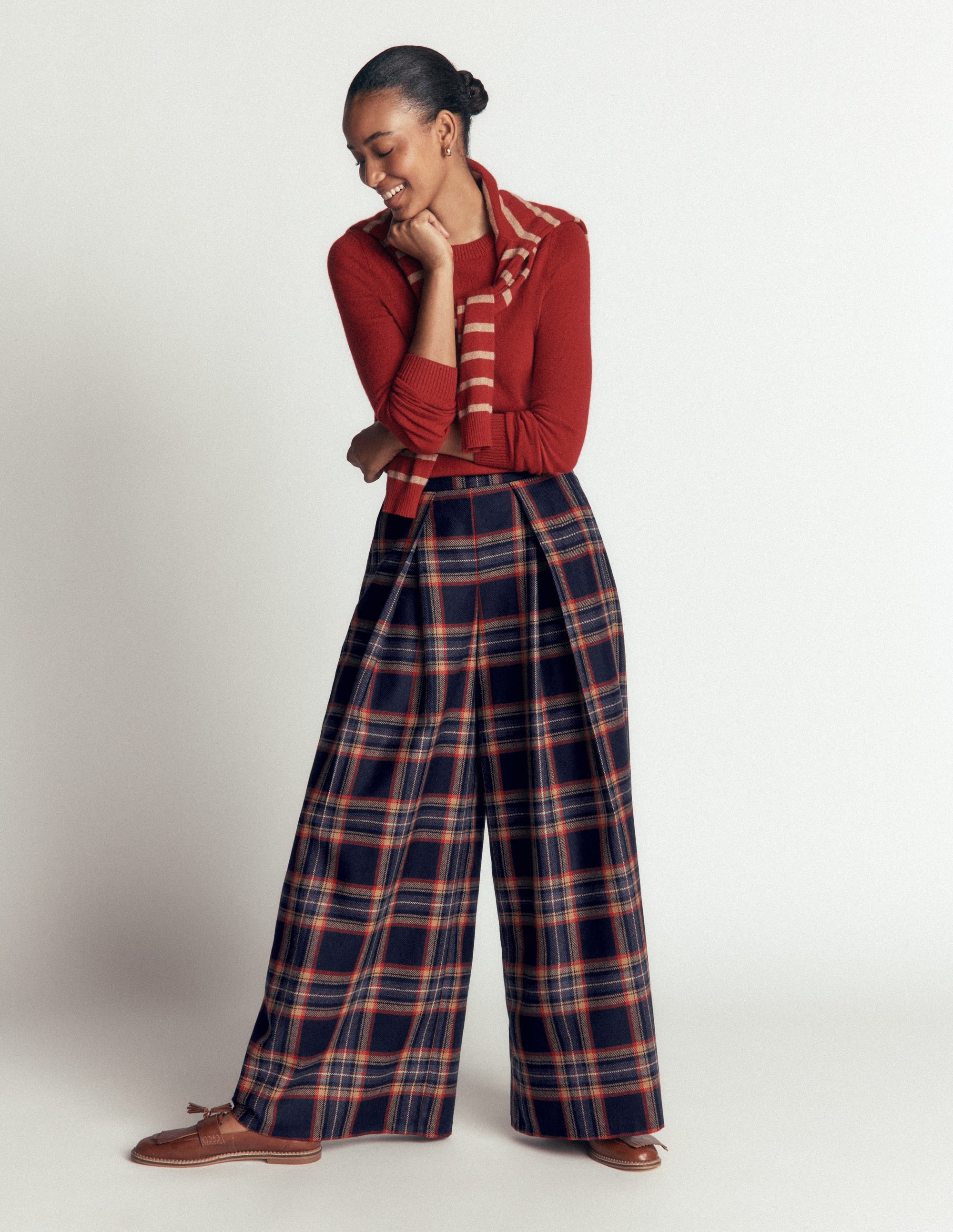 Wool Blend Pleated Culottes-Navy, Camel Check - Image 1