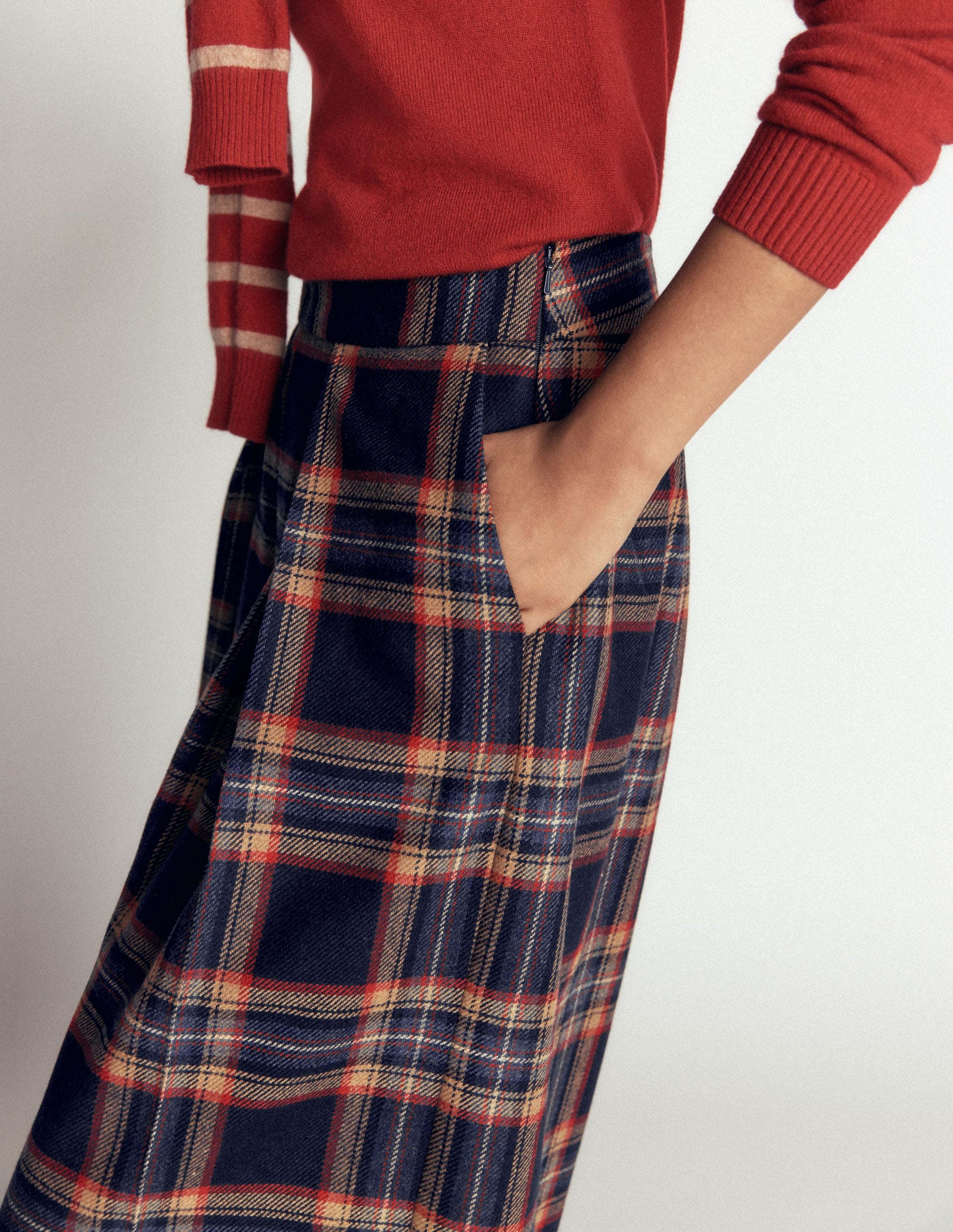 Wool Blend Pleated Culottes-Navy, Camel Check-2
