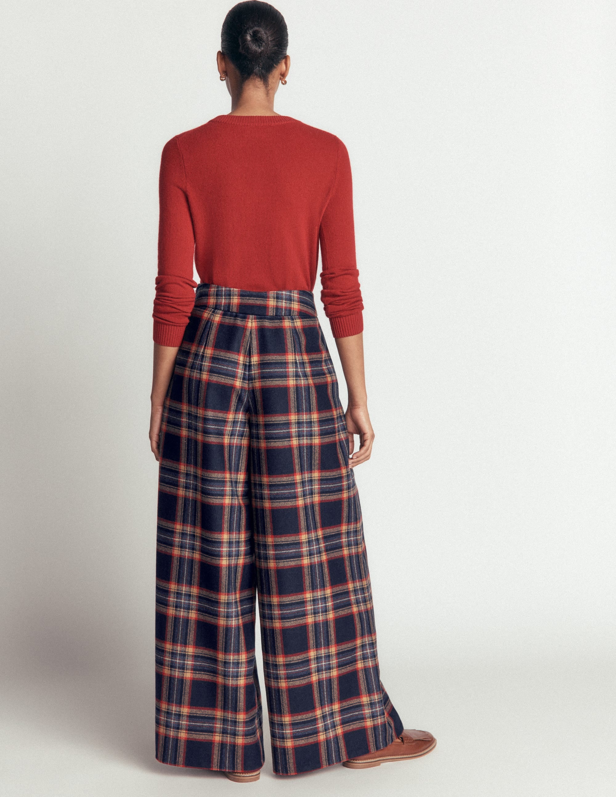 Wool Blend Pleated Culottes-Navy, Camel Check - Image 3