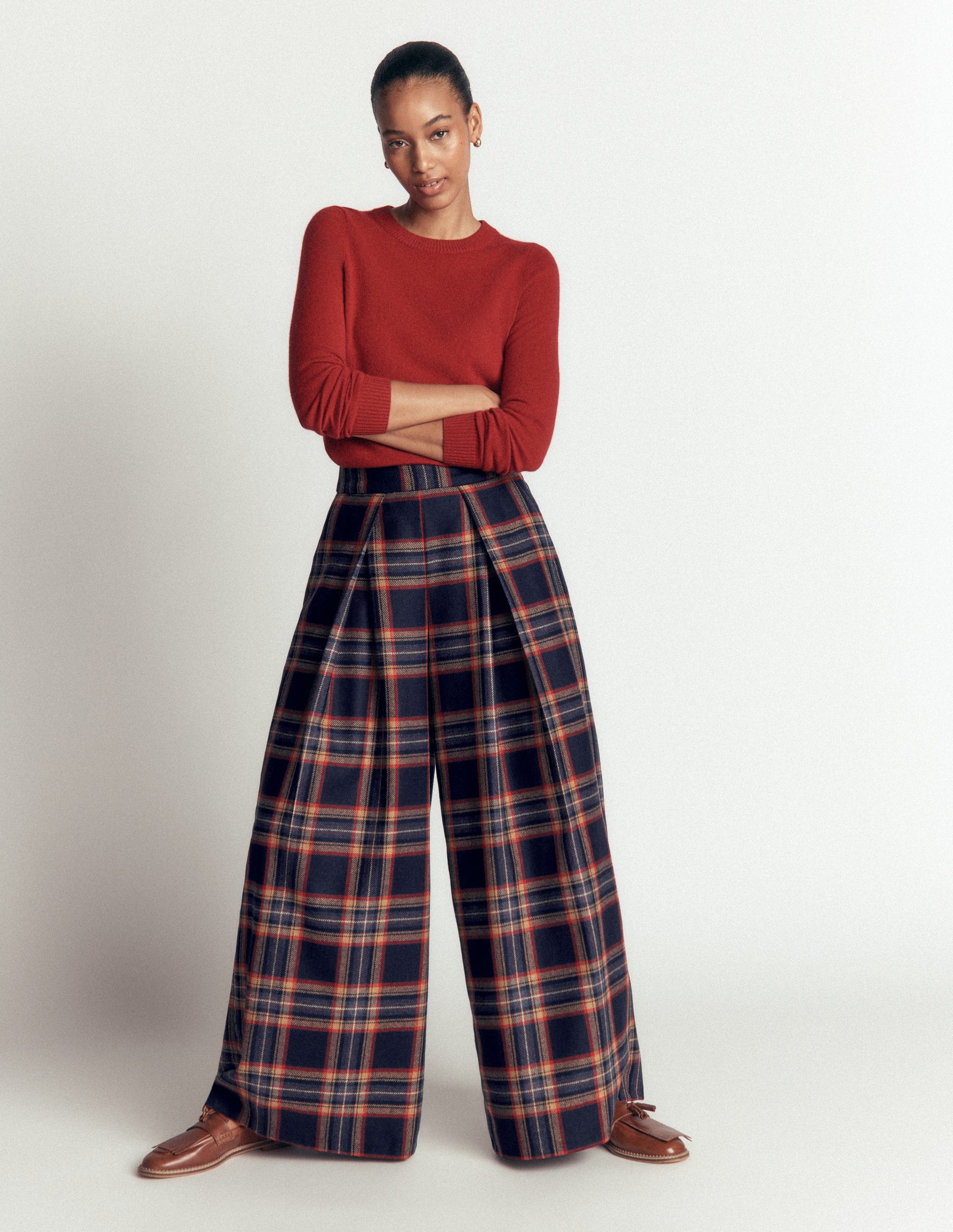 Wool Blend Pleated Culottes-Navy, Camel Check-4