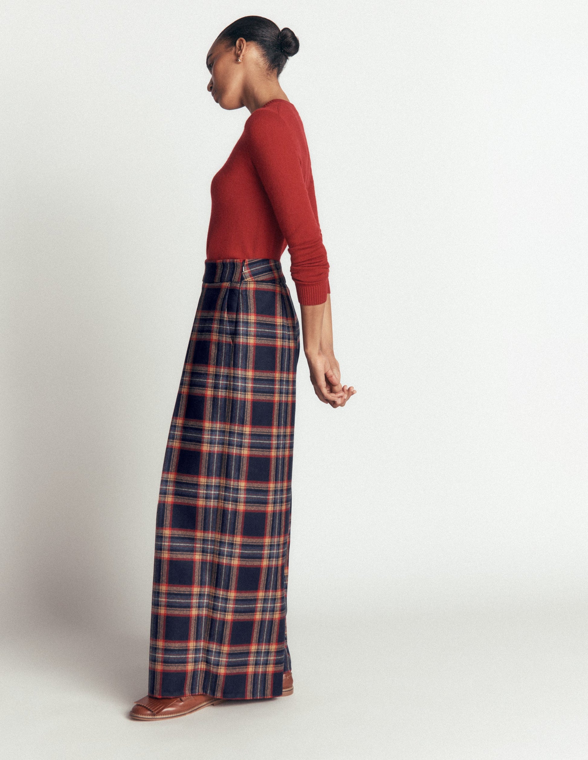 Wool Blend Pleated Culottes-Navy, Camel Check-5