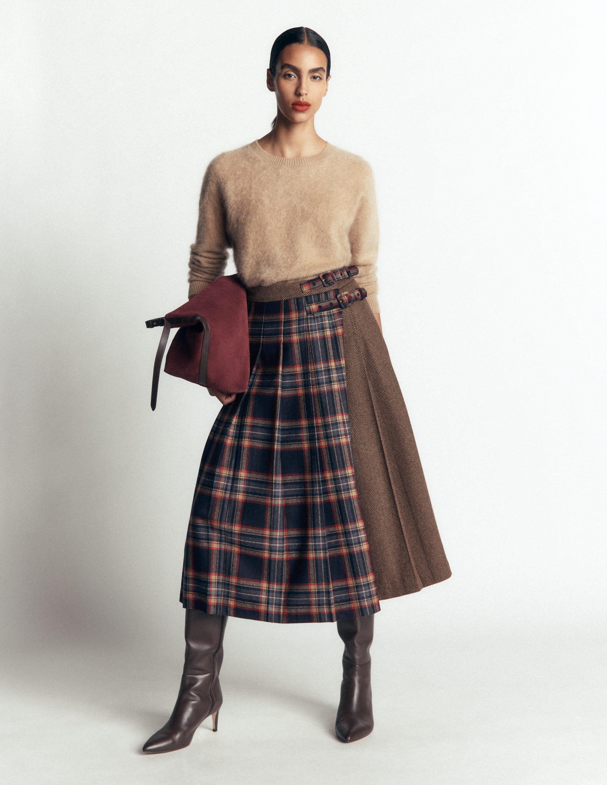 Pleated Midi Kilt-Navy And Camel Check - Image 1