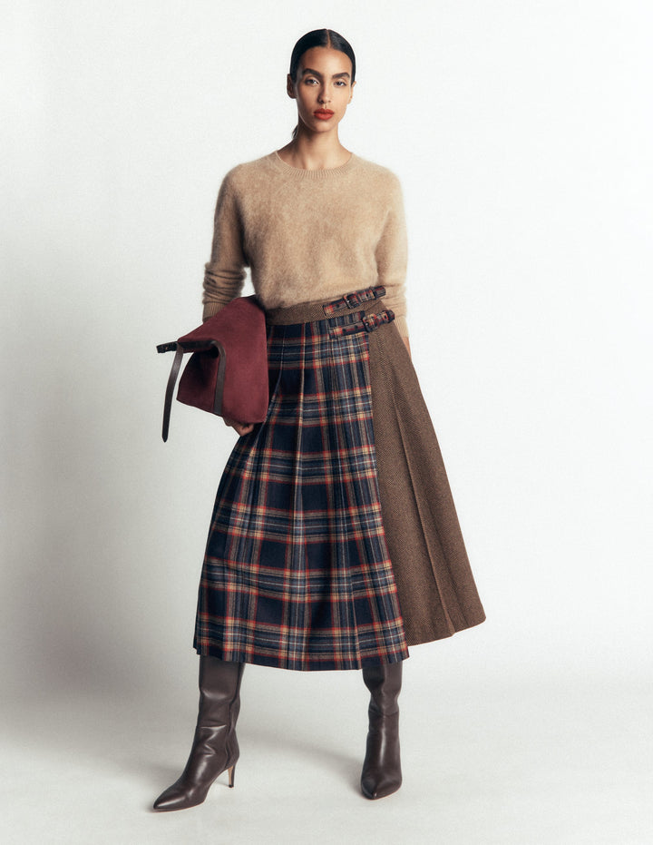 Pleated Midi Kilt-Navy And Camel Check
