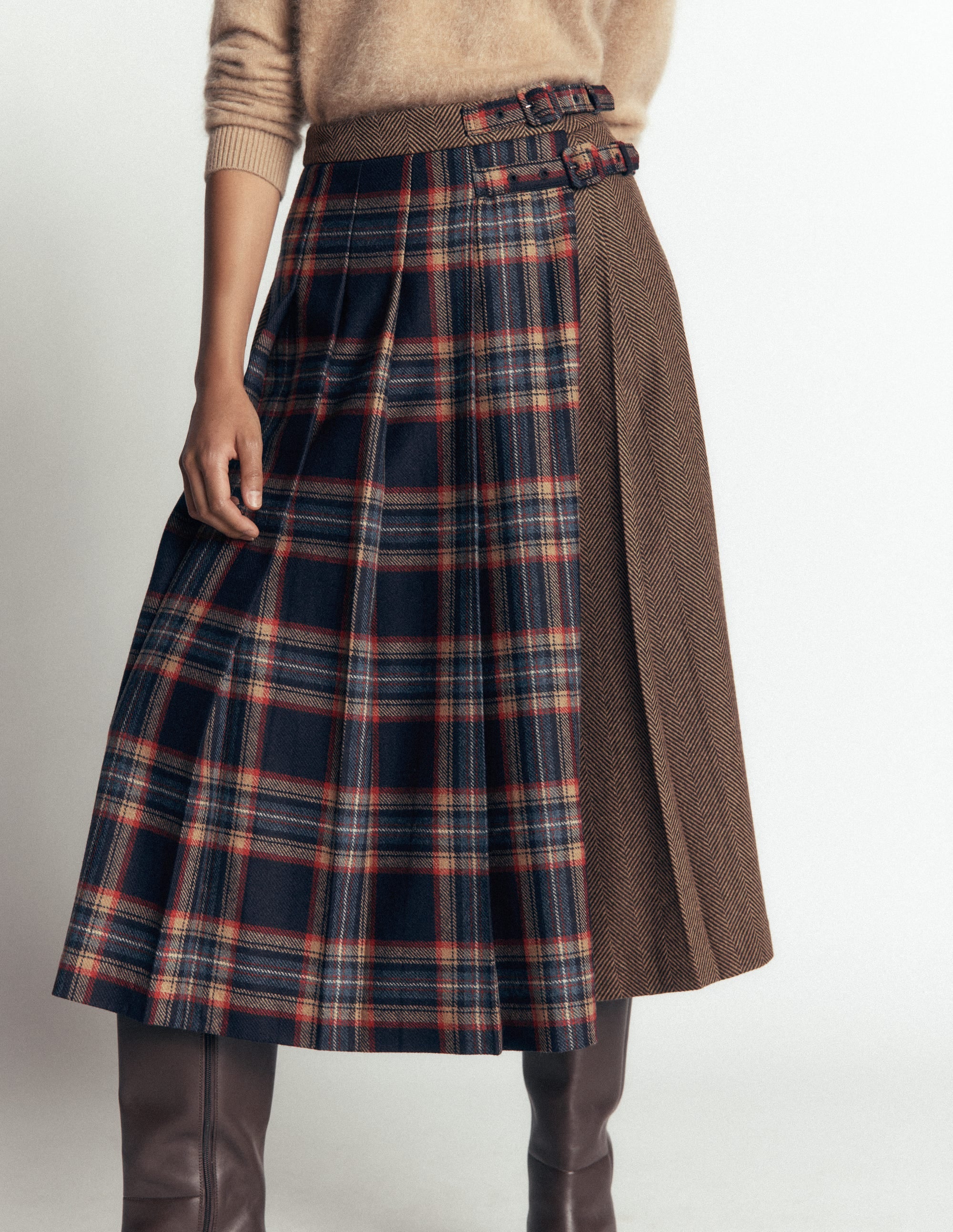 Pleated Midi Kilt-Navy And Camel Check - Image 2